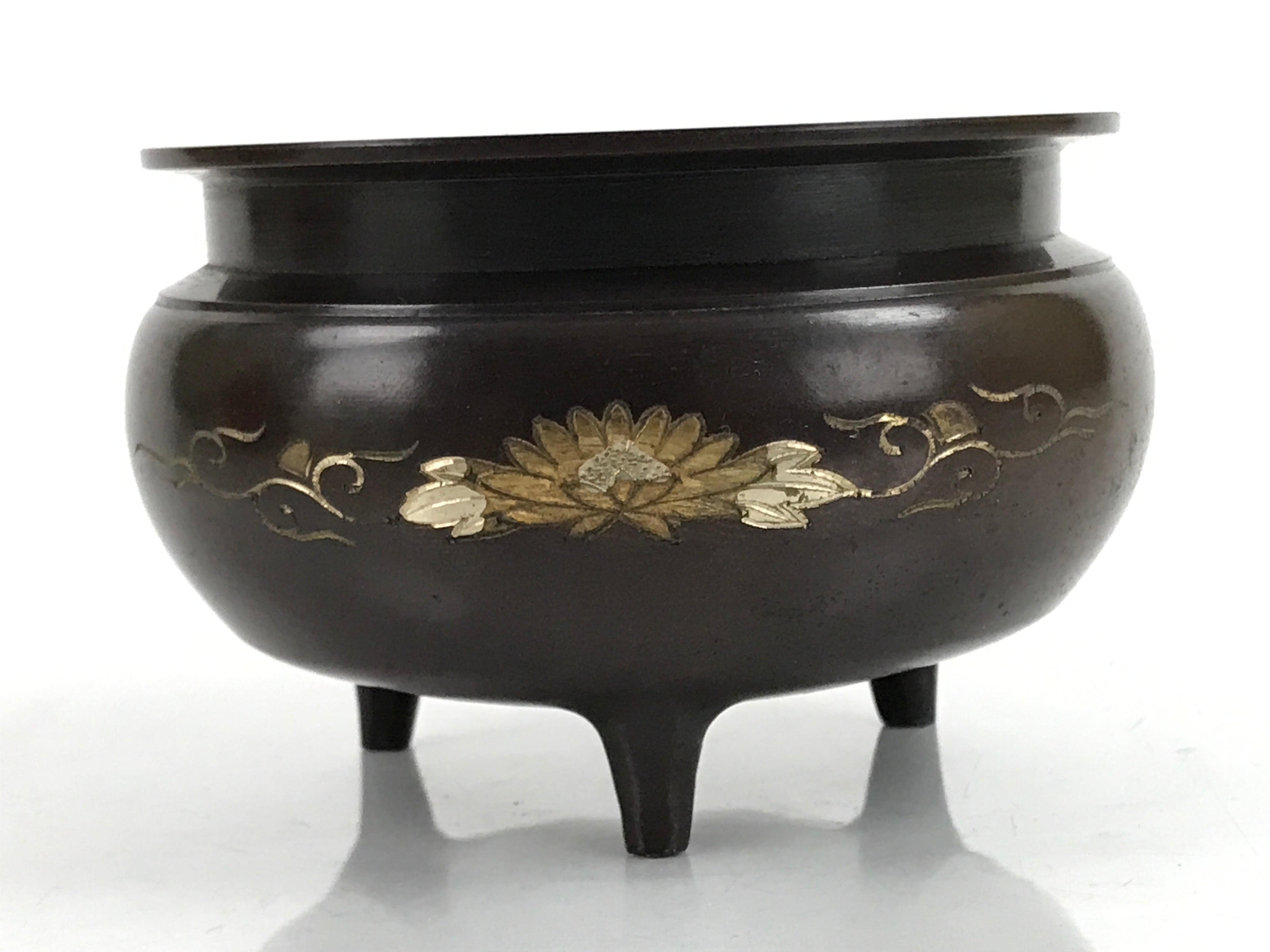Japanese Buddhist Altar Fitting Bronze Incense Burner Vtg Koro Lotus Brown BA319