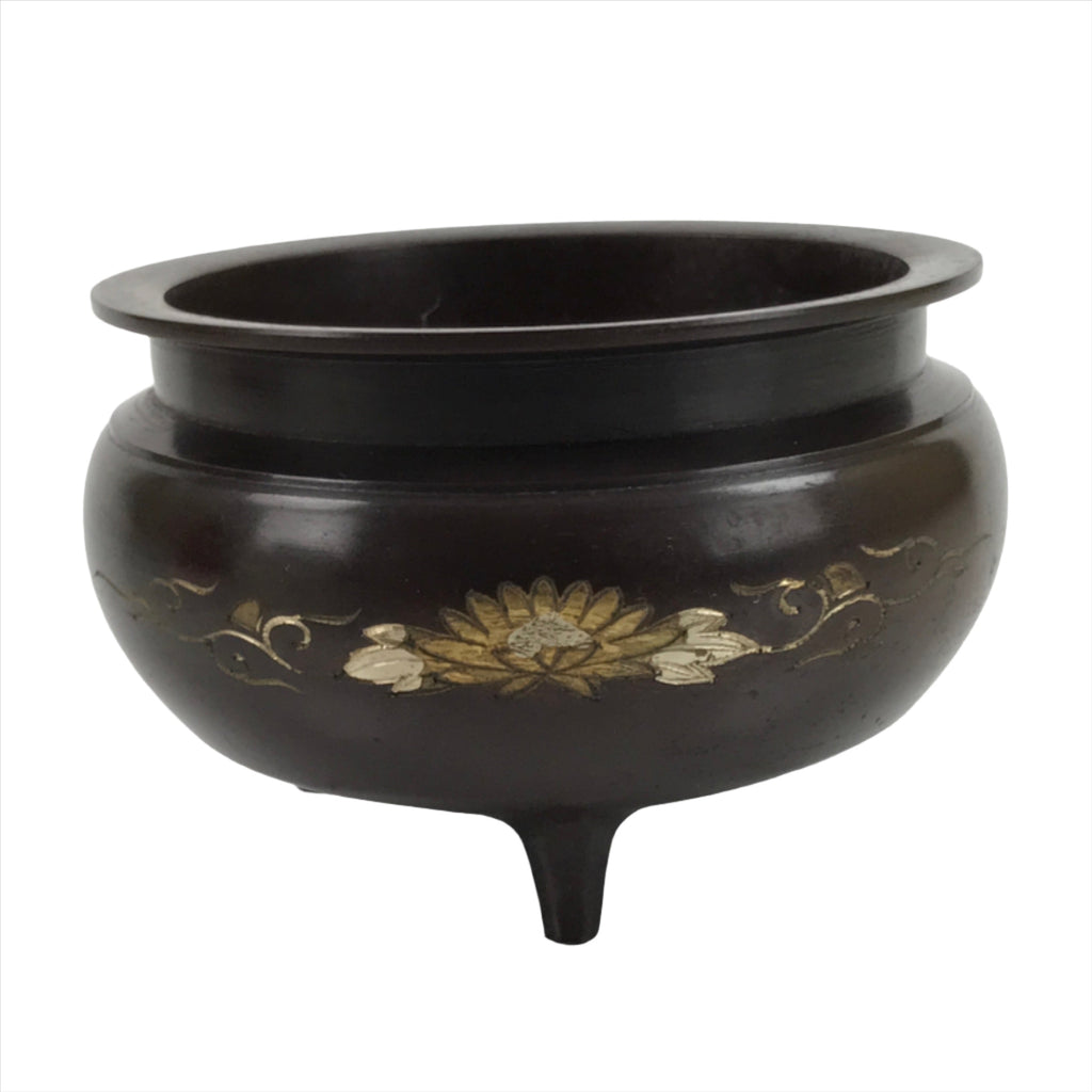 Japanese Buddhist Altar Fitting Bronze Incense Burner Vtg Koro Lotus Brown BA319