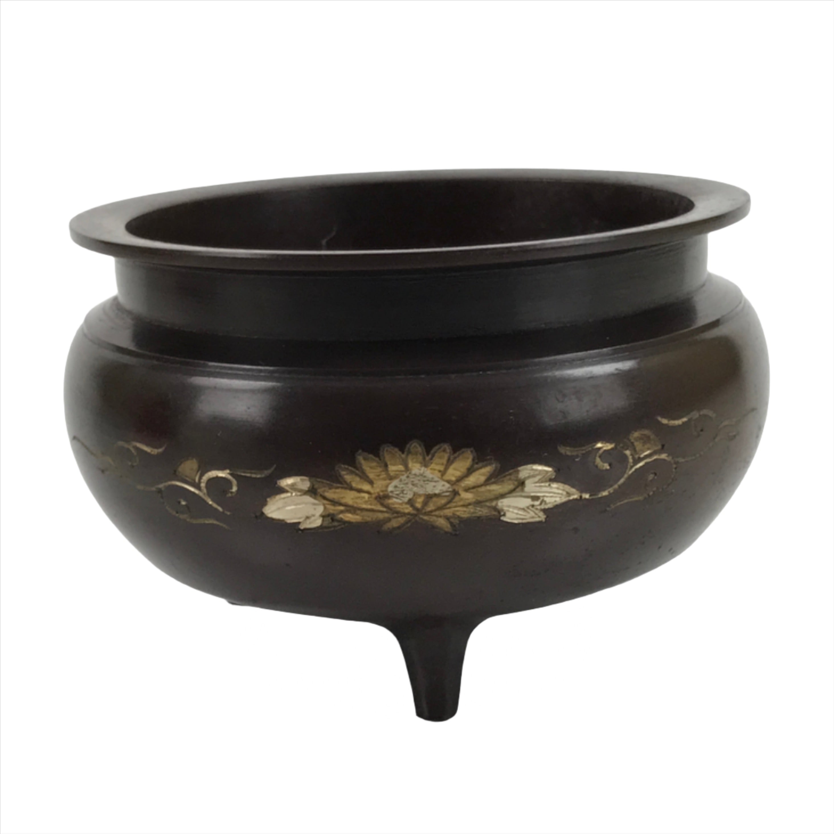 Japanese Buddhist Altar Fitting Bronze Incense Burner Vtg Koro Lotus Brown BA319