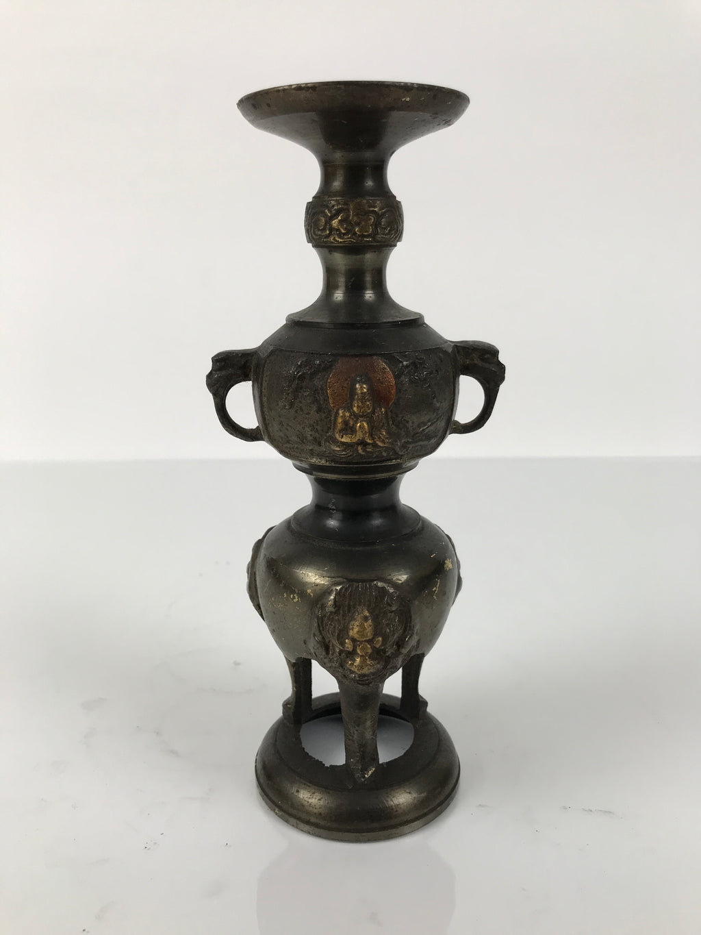 Japanese Buddhist Altar Fitting Bronze Metal Candle Stand Shokudai Brown BA768