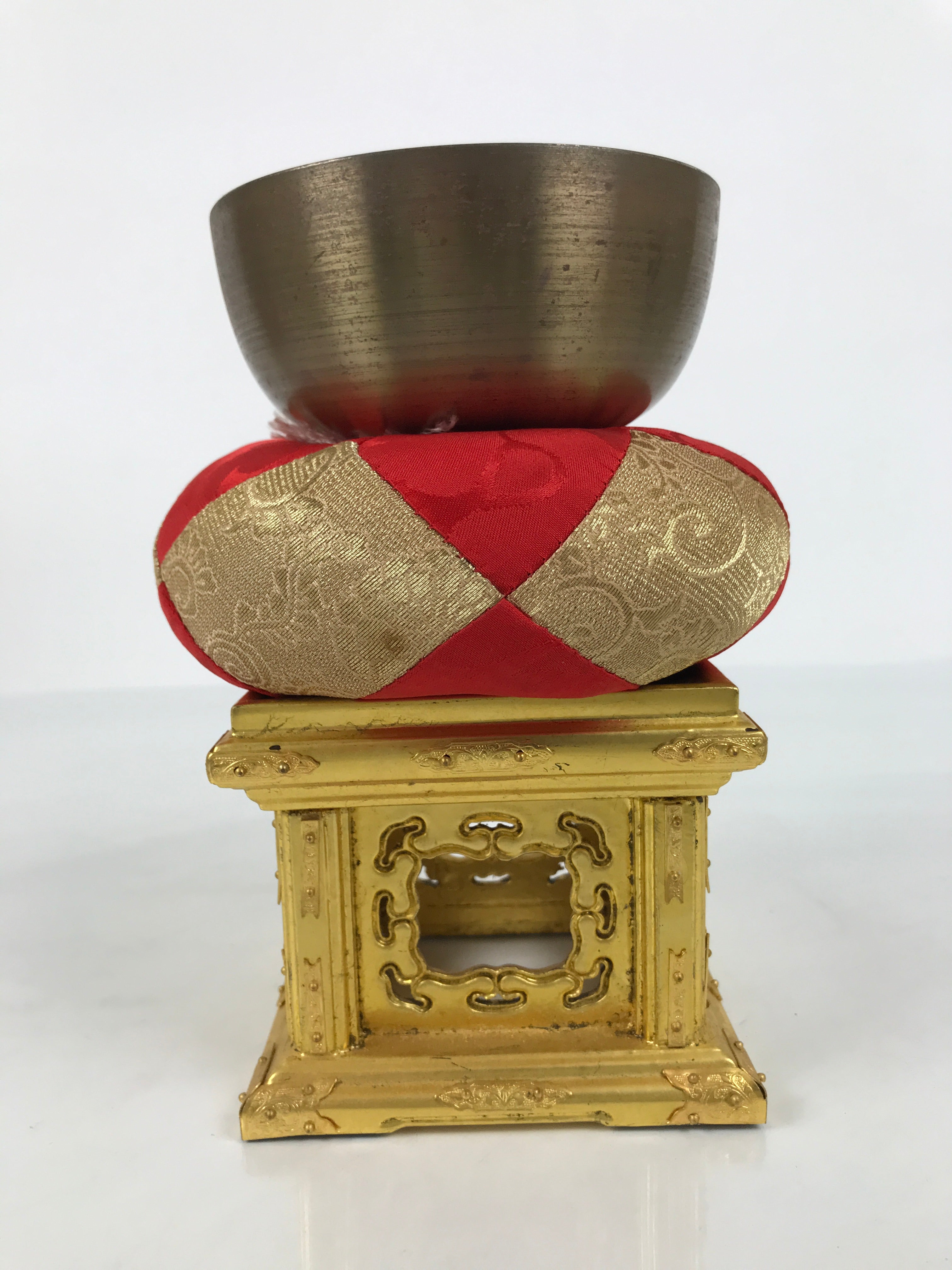Japanese Buddhist Altar Fitting Bronze Orin Bell Singing Bowl Wood Stand BA902