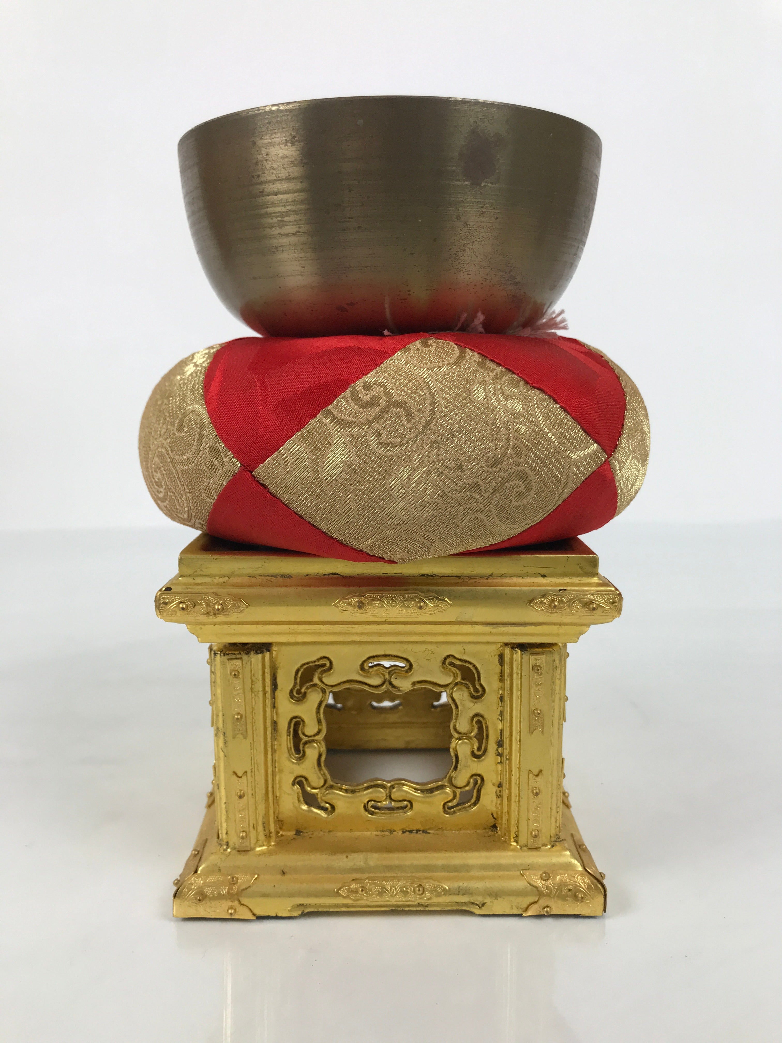 Japanese Buddhist Altar Fitting Bronze Orin Bell Singing Bowl Wood Stand BA902