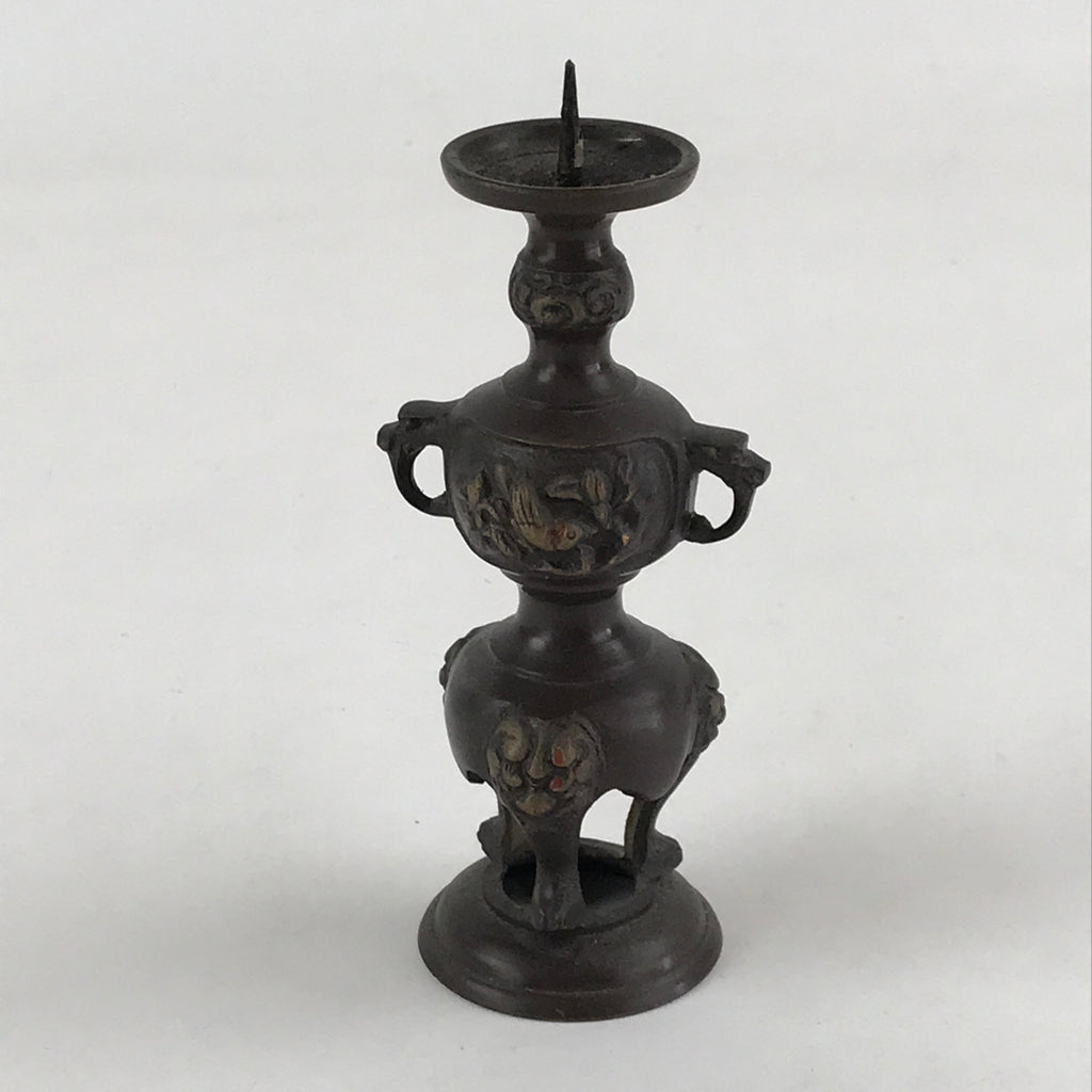 Japanese Buddhist Altar Fitting Candle Stand Bronze Shokudai Birds Brown BA23