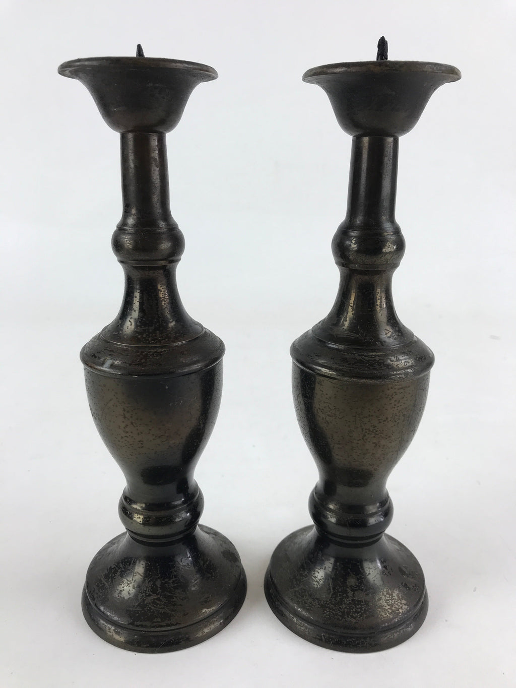 Japanese Buddhist Altar Fitting Candle Stand Set Vtg Bronze Shokudai Black BA5