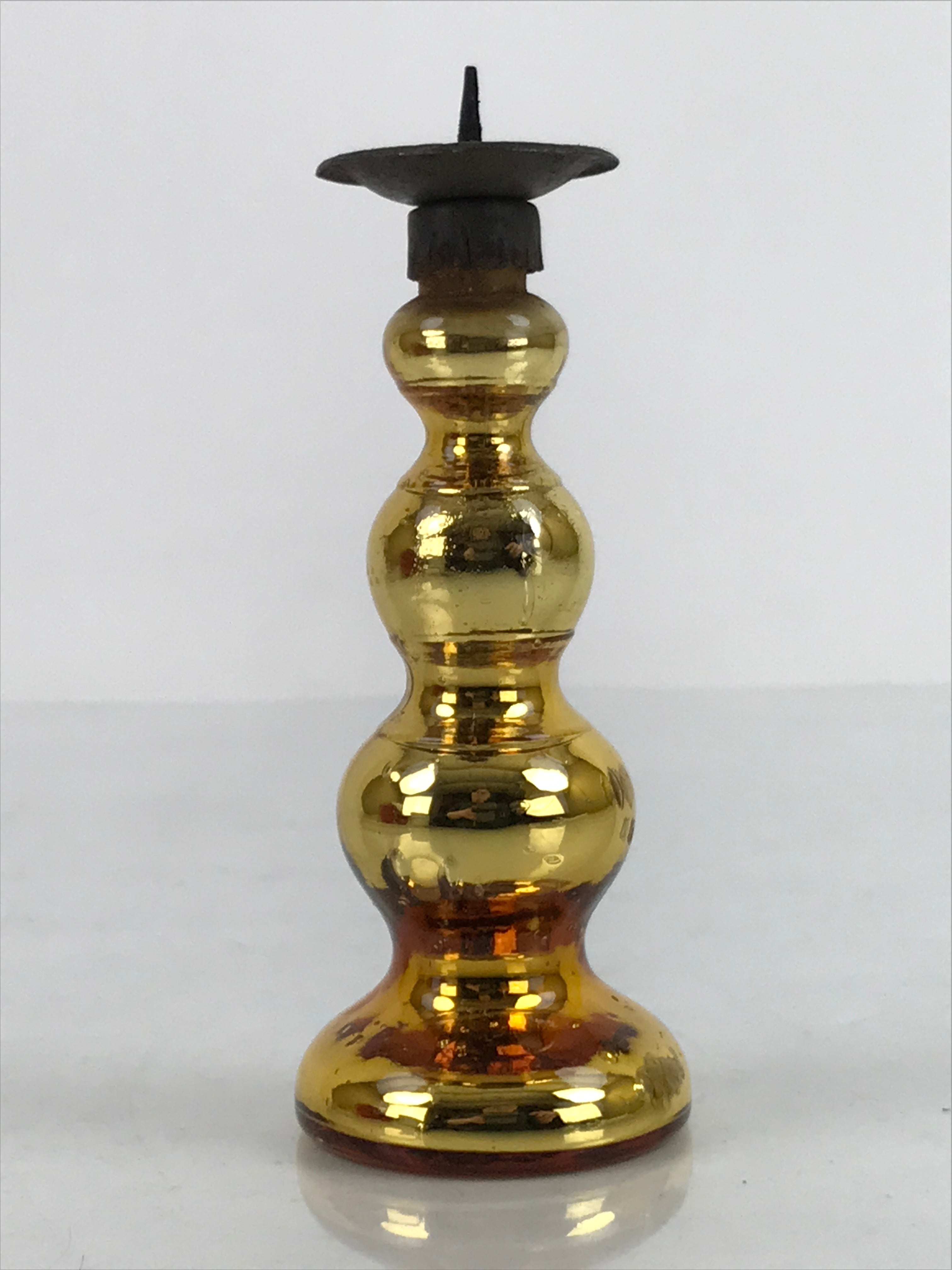 Japanese Buddhist Altar Fitting Glass Candle Stand Vtg Metal Shokudai Gold BA334