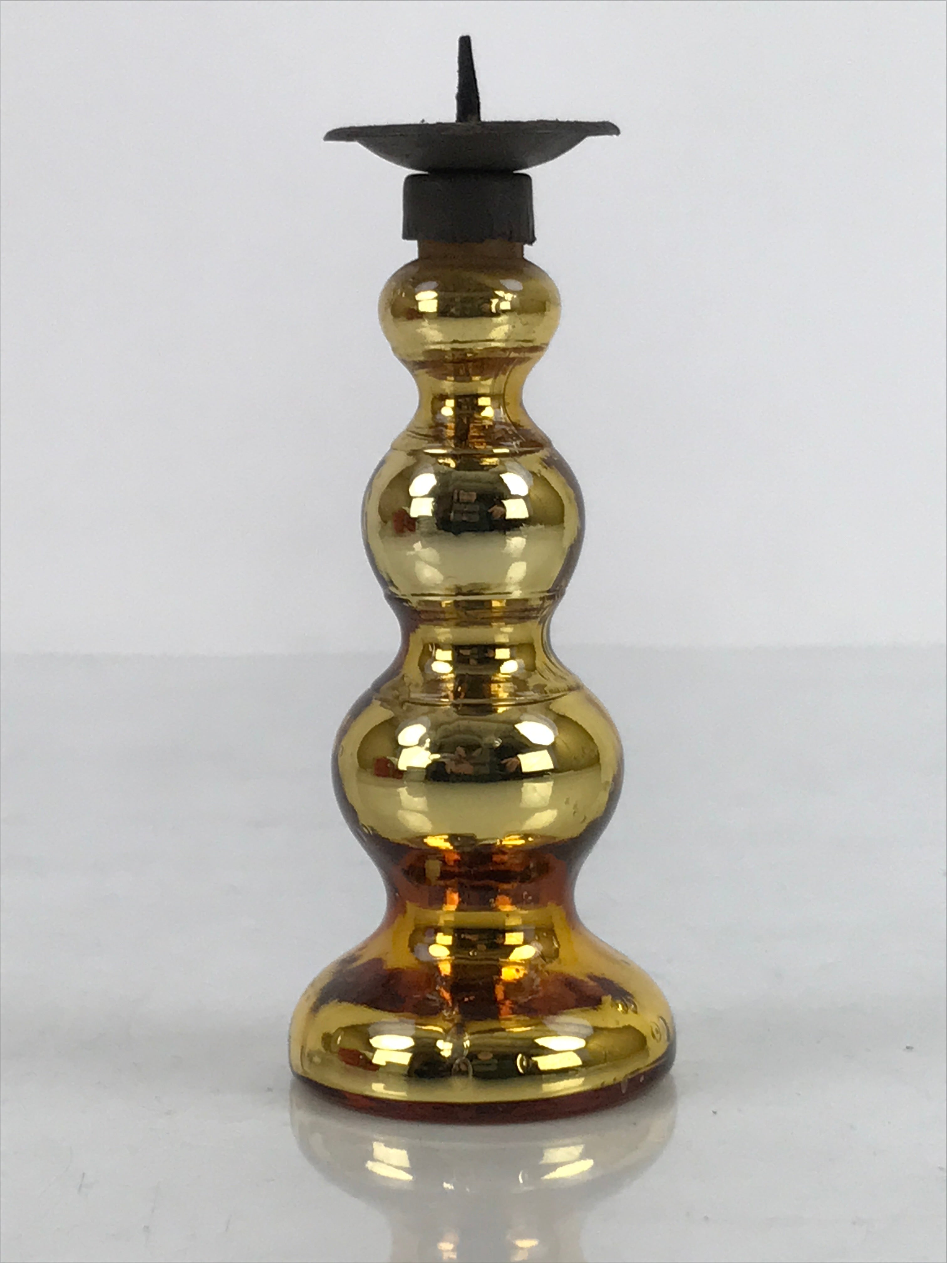 Japanese Buddhist Altar Fitting Glass Candle Stand Vtg Metal Shokudai Gold BA334