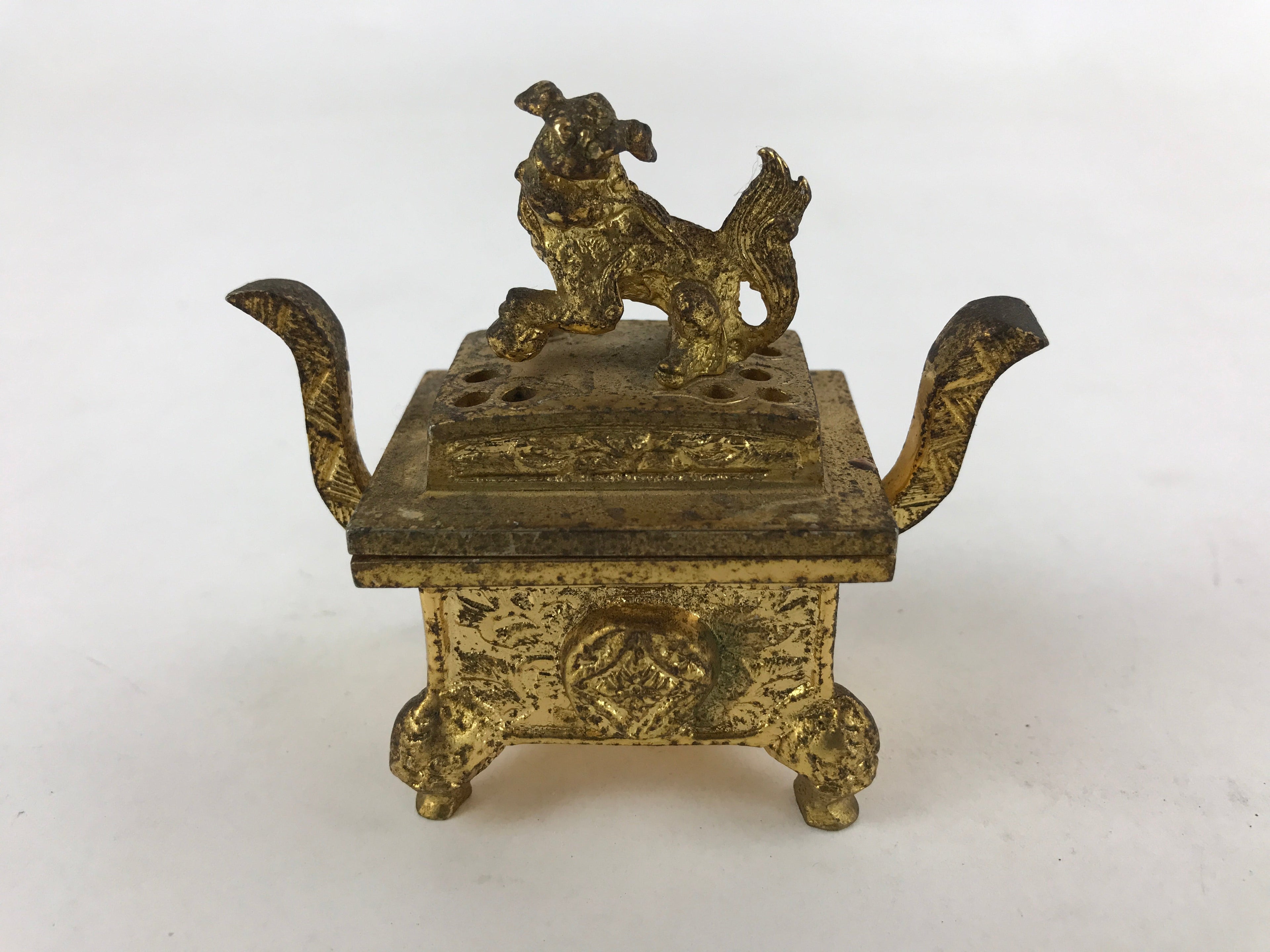 Japanese Buddhist Altar Fitting Iron Incense Burner Koro Vtg Gold Shisa BA92
