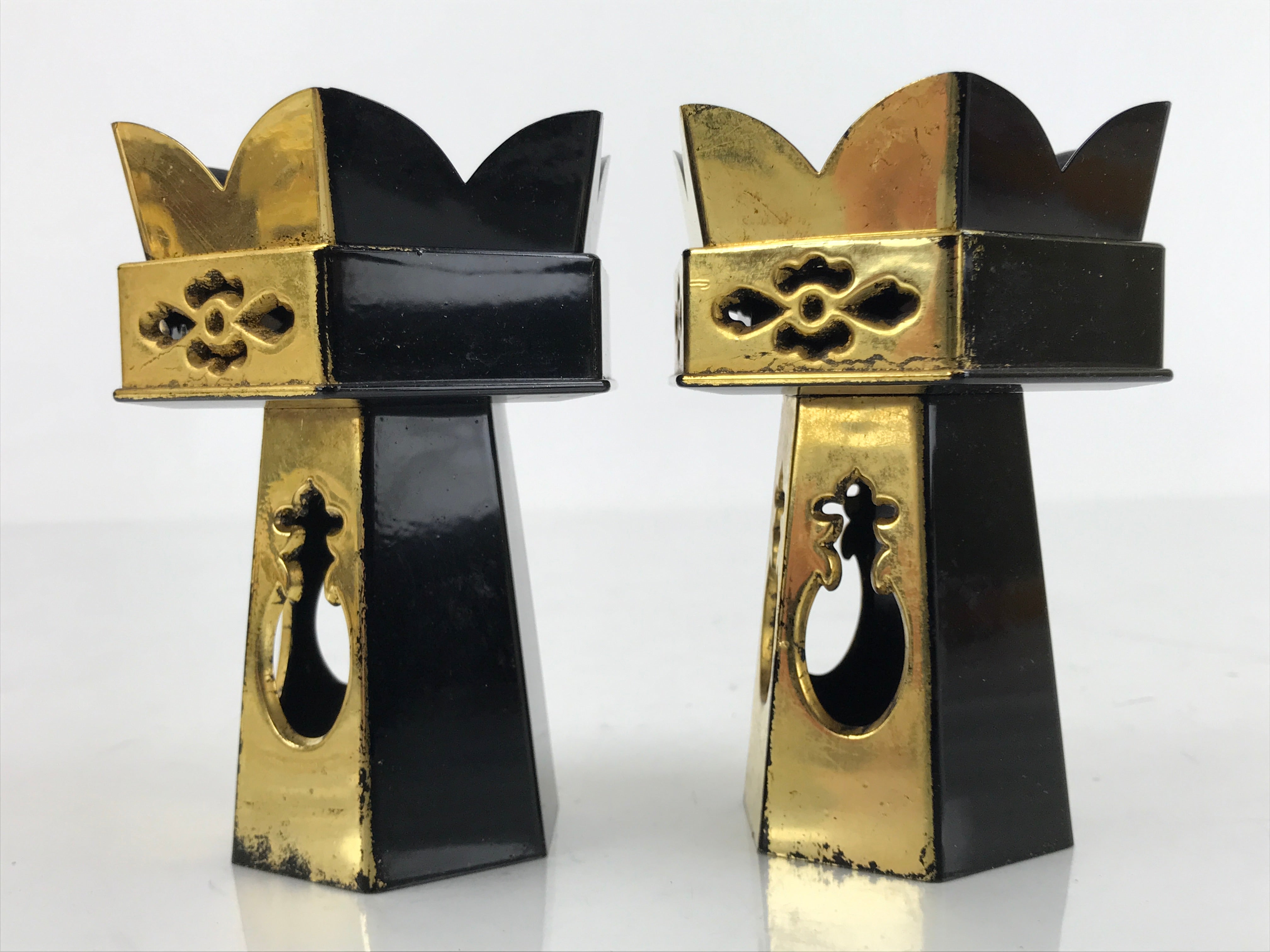 Japanese Buddhist Altar Fitting Kuge Offering Stand Vtg 2pc Gold Pair BA415