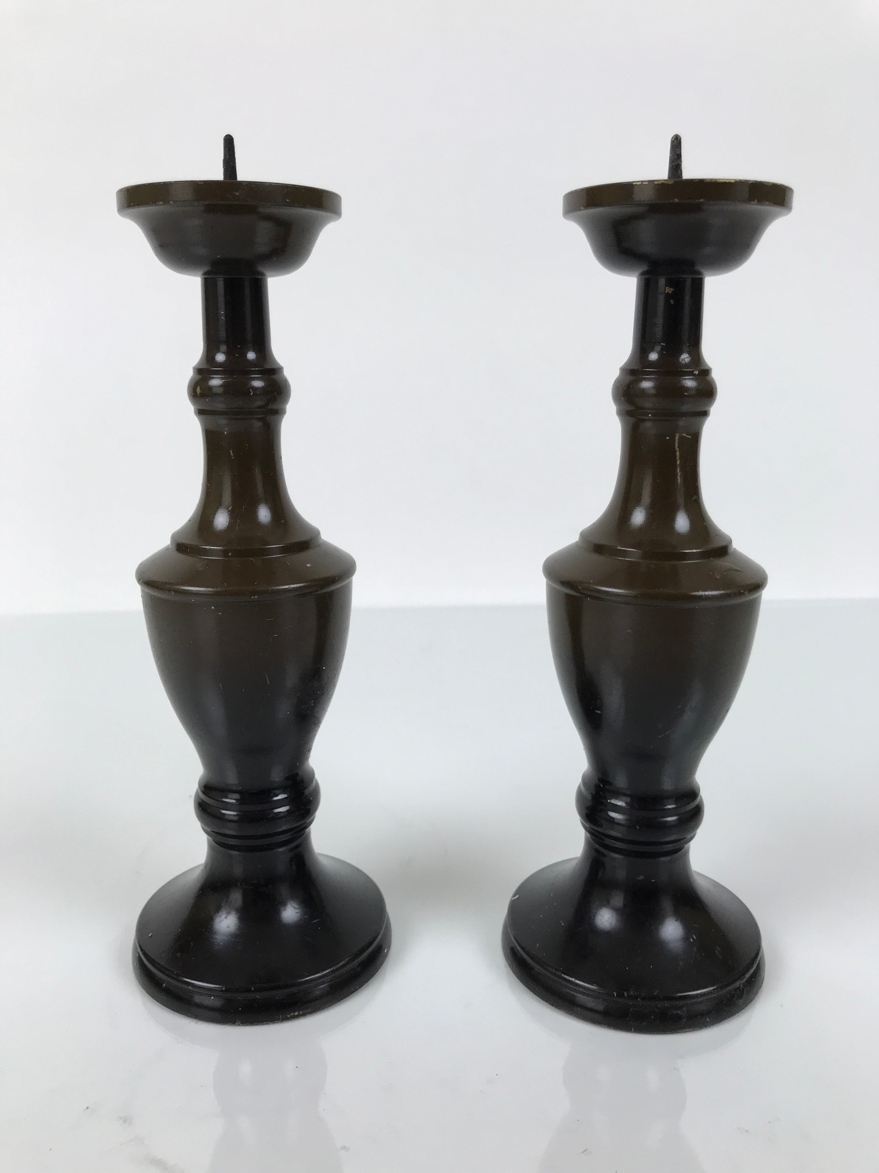 Japanese Buddhist Altar Fitting Metal Candle Stand Vtg Shokudai 2pc Brown BA745