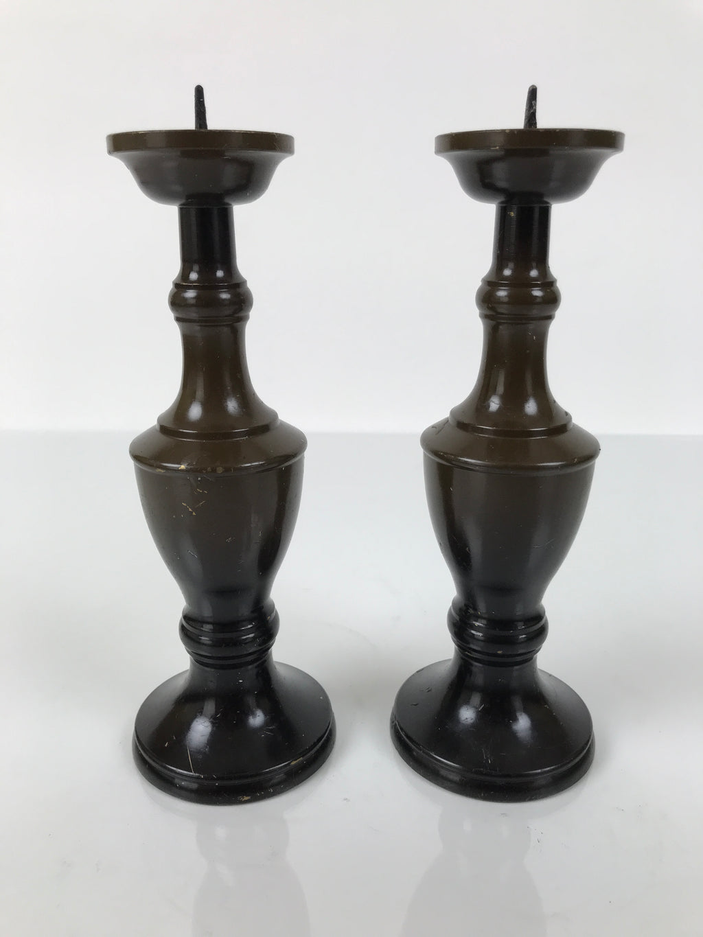 Japanese Buddhist Altar Fitting Metal Candle Stand Vtg Shokudai 2pc Brown BA745