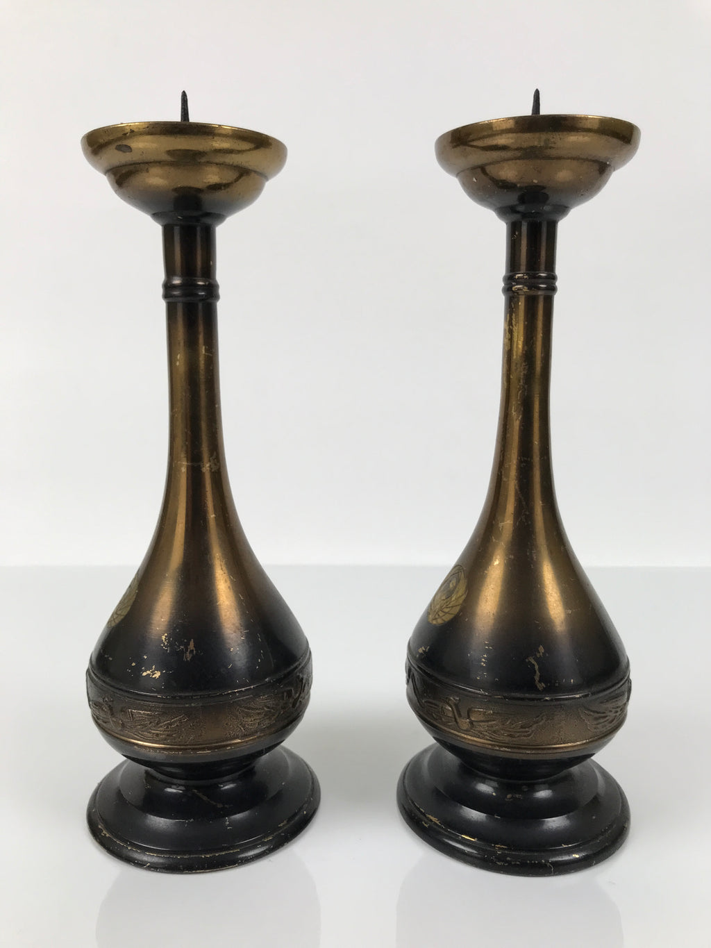 Japanese Buddhist Altar Fitting Metal Candle Stand Vtg Shokudai 2pc Crane BA747