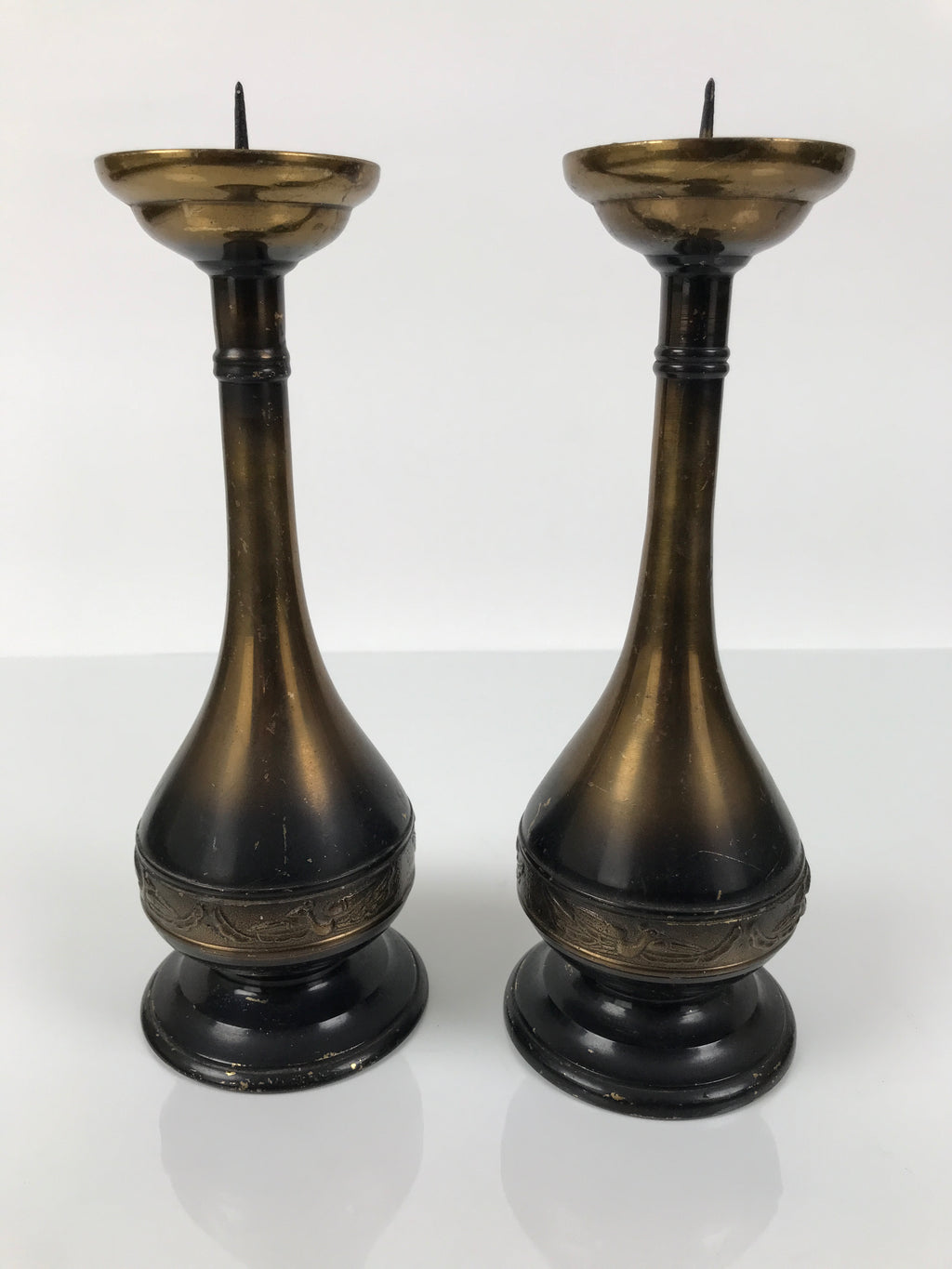 Japanese Buddhist Altar Fitting Metal Candle Stand Vtg Shokudai 2pc Crane BA747