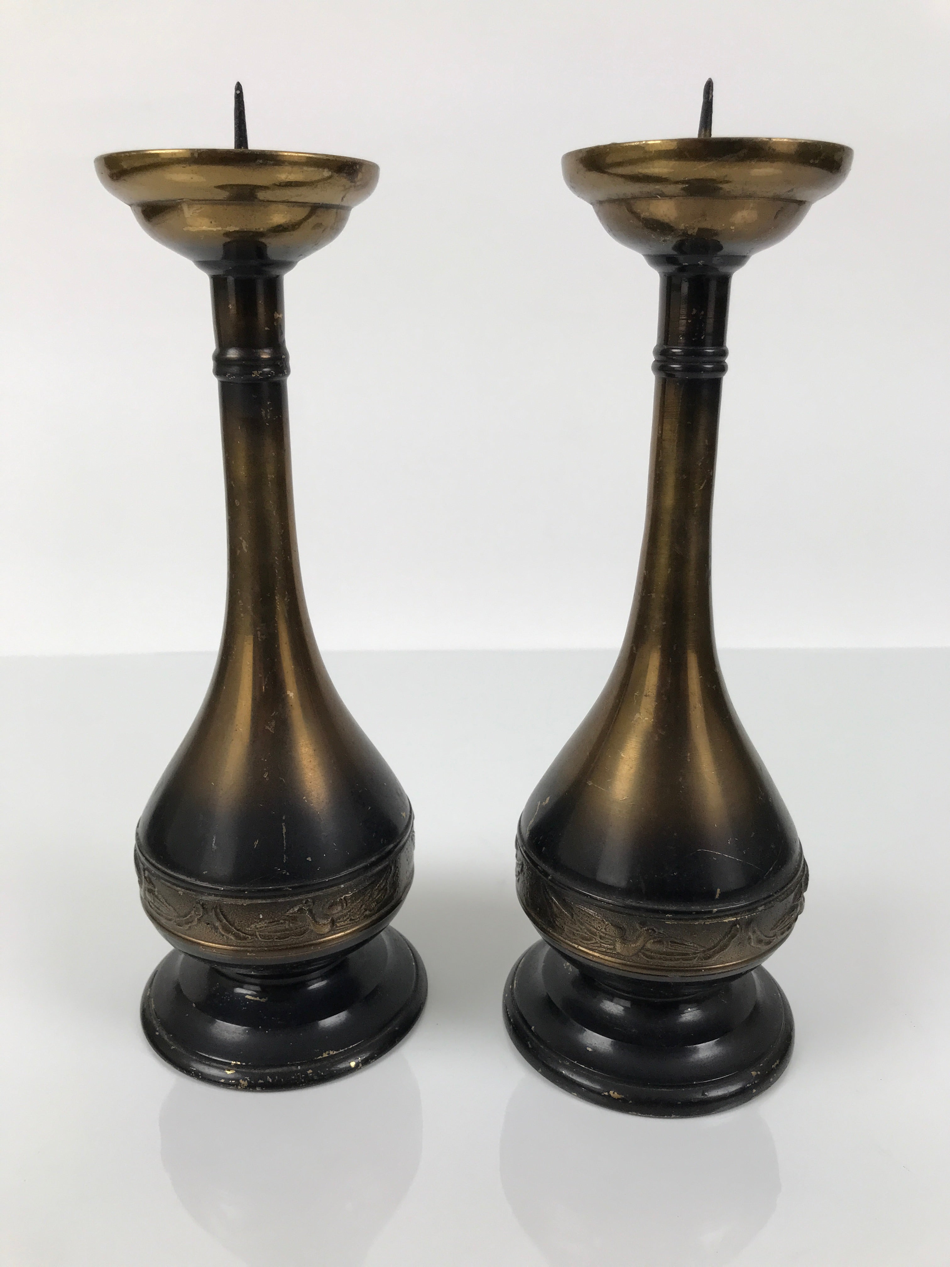 Japanese Buddhist Altar Fitting Metal Candle Stand Vtg Shokudai 2pc Crane BA747
