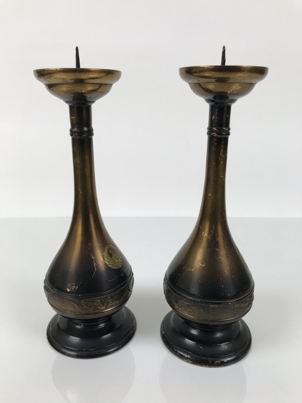Japanese Buddhist Altar Fitting Metal Candle Stand Vtg Shokudai 2pc Crane BA747