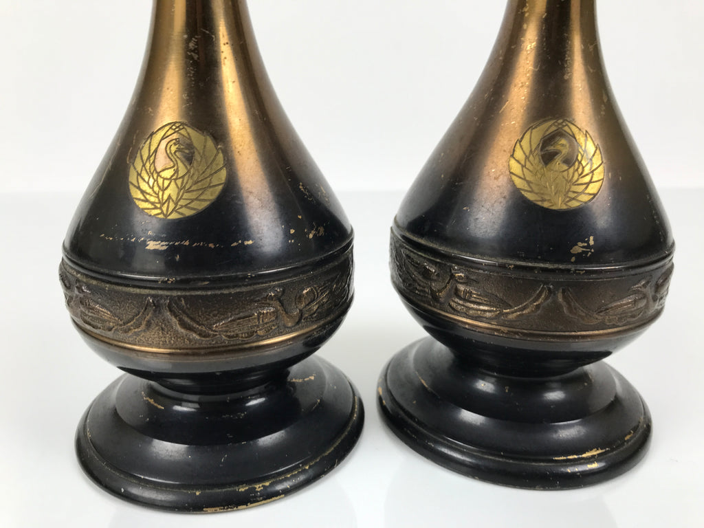 Japanese Buddhist Altar Fitting Metal Candle Stand Vtg Shokudai 2pc Crane BA747