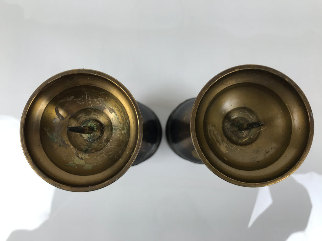 Japanese Buddhist Altar Fitting Metal Candle Stand Vtg Shokudai 2pc Crane BA747