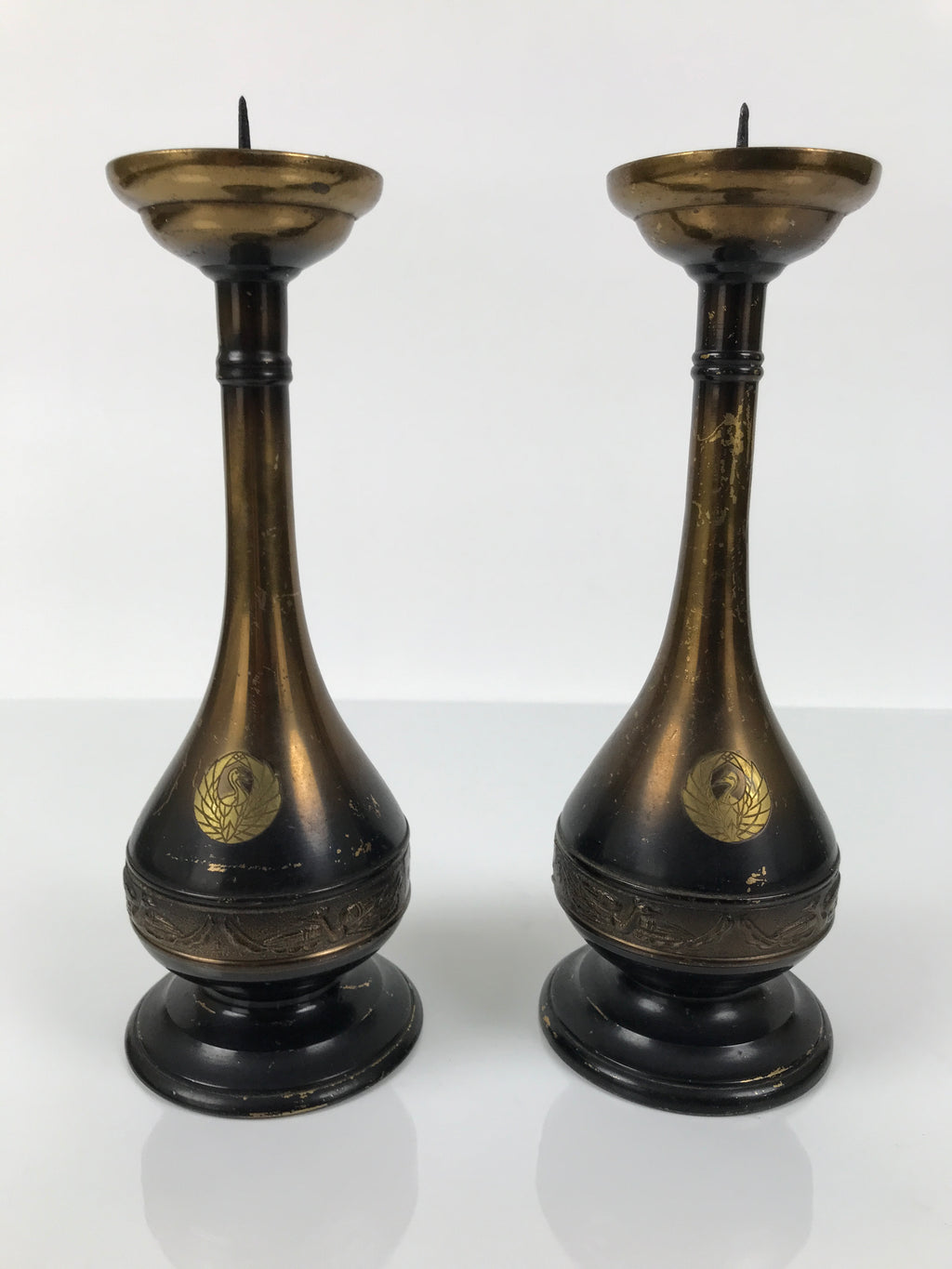 Japanese Buddhist Altar Fitting Metal Candle Stand Vtg Shokudai 2pc Crane BA747