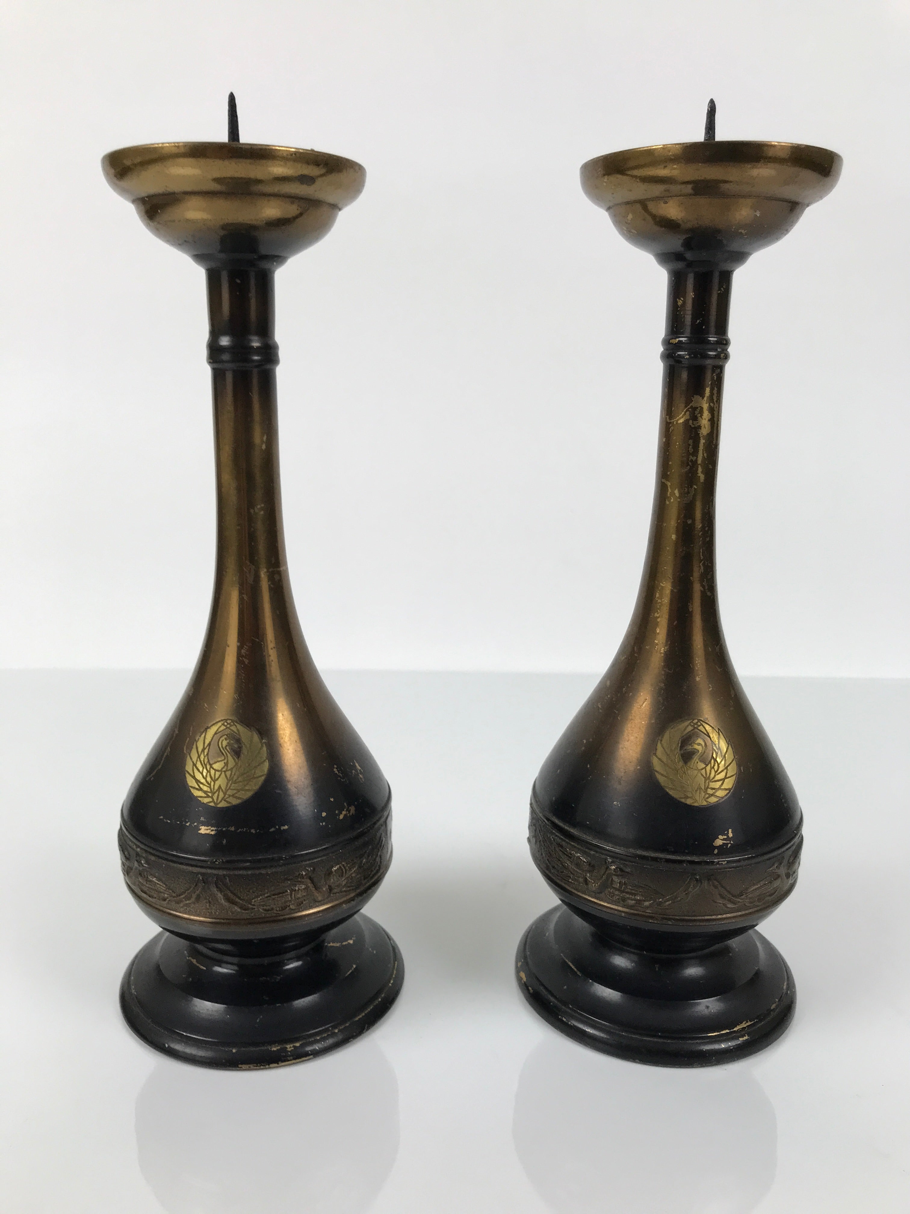 Japanese Buddhist Altar Fitting Metal Candle Stand Vtg Shokudai 2pc Crane BA747