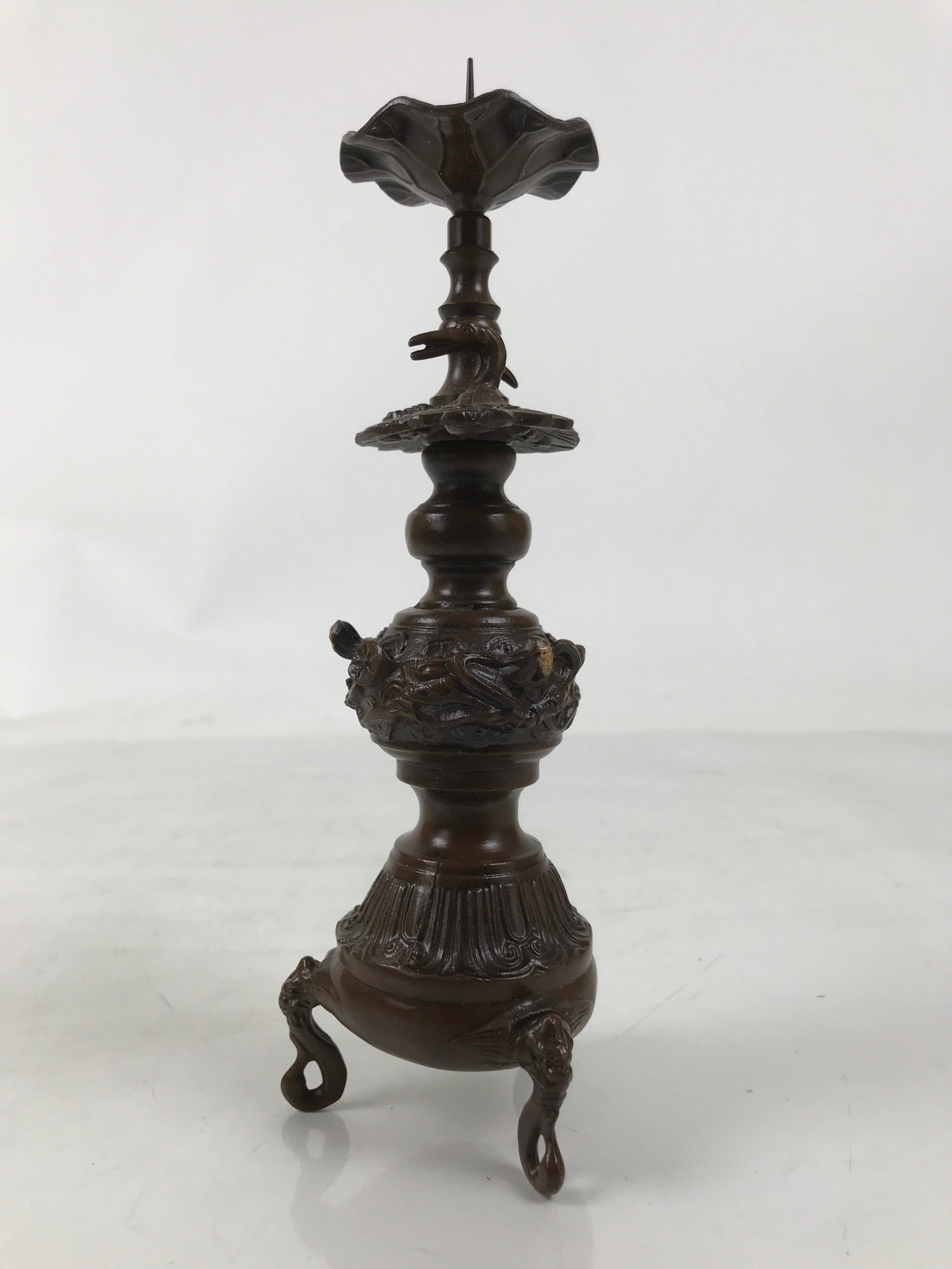 Japanese Buddhist Altar Fitting Metal Candle Stand Vtg Shokudai Bird Brown BA677