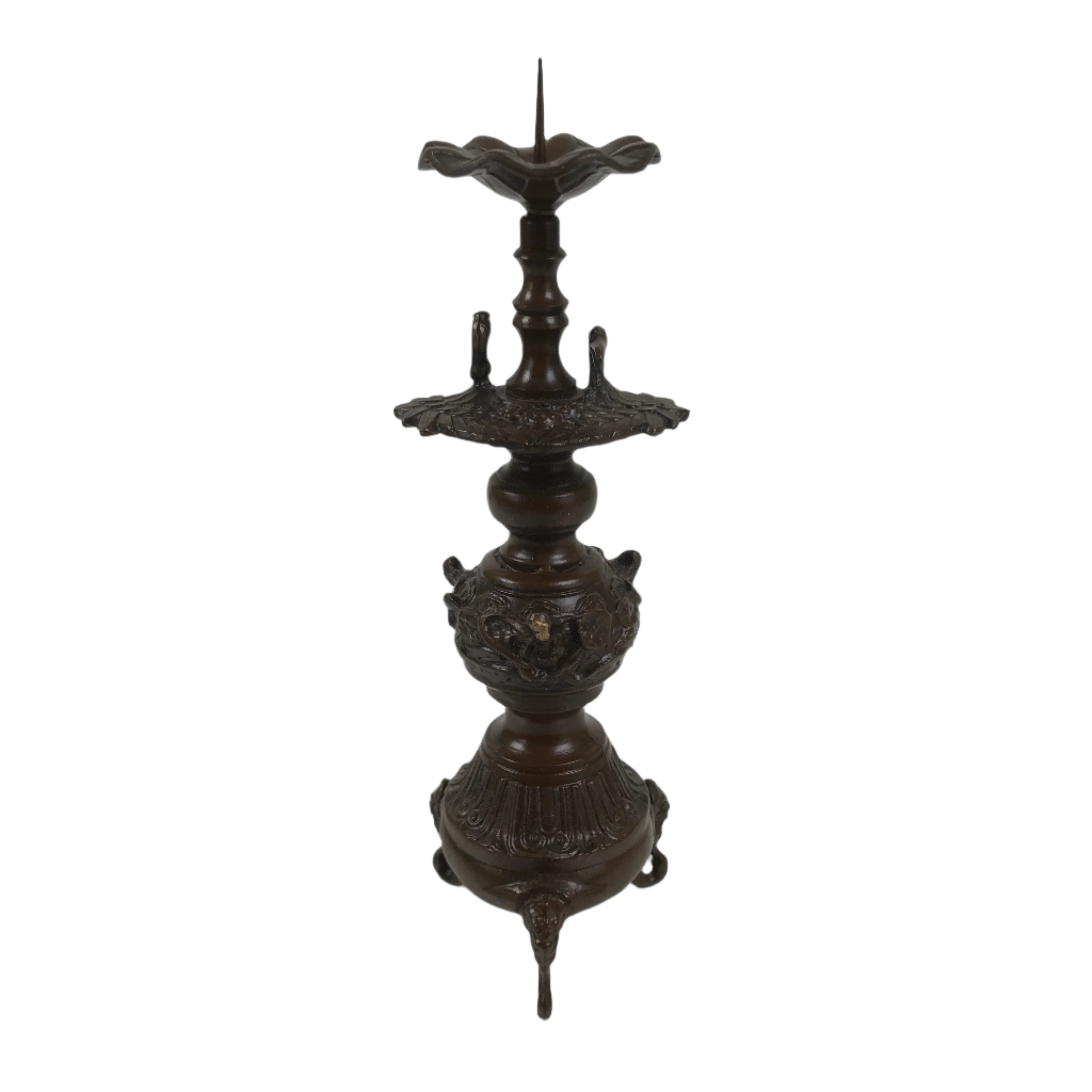 Japanese Buddhist Altar Fitting Metal Candle Stand Vtg Shokudai Bird Brown BA677