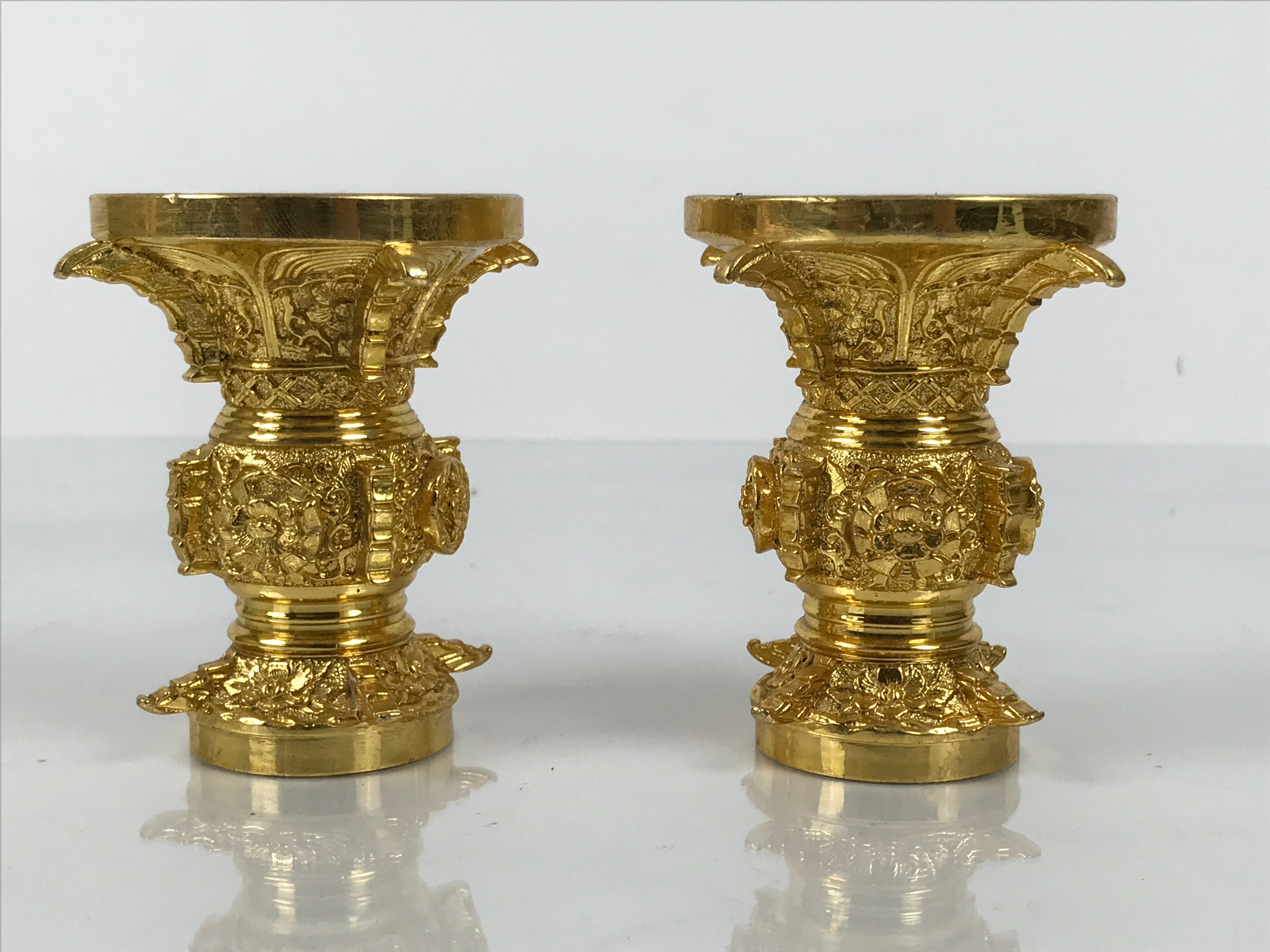 Japanese Buddhist Altar Fitting Metal Flower Vase Vtg 2pc Gold Hanatate BA779
