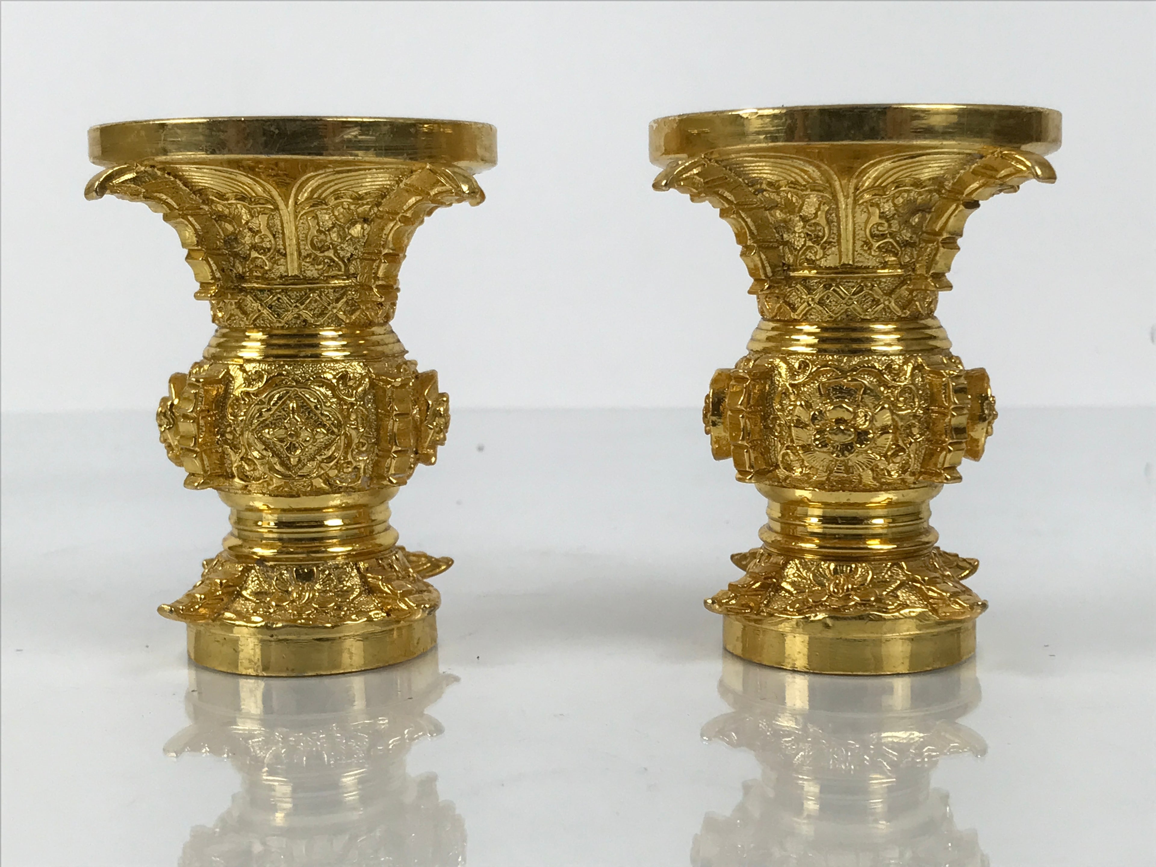 Japanese Buddhist Altar Fitting Metal Flower Vase Vtg 2pc Gold Hanatate BA779