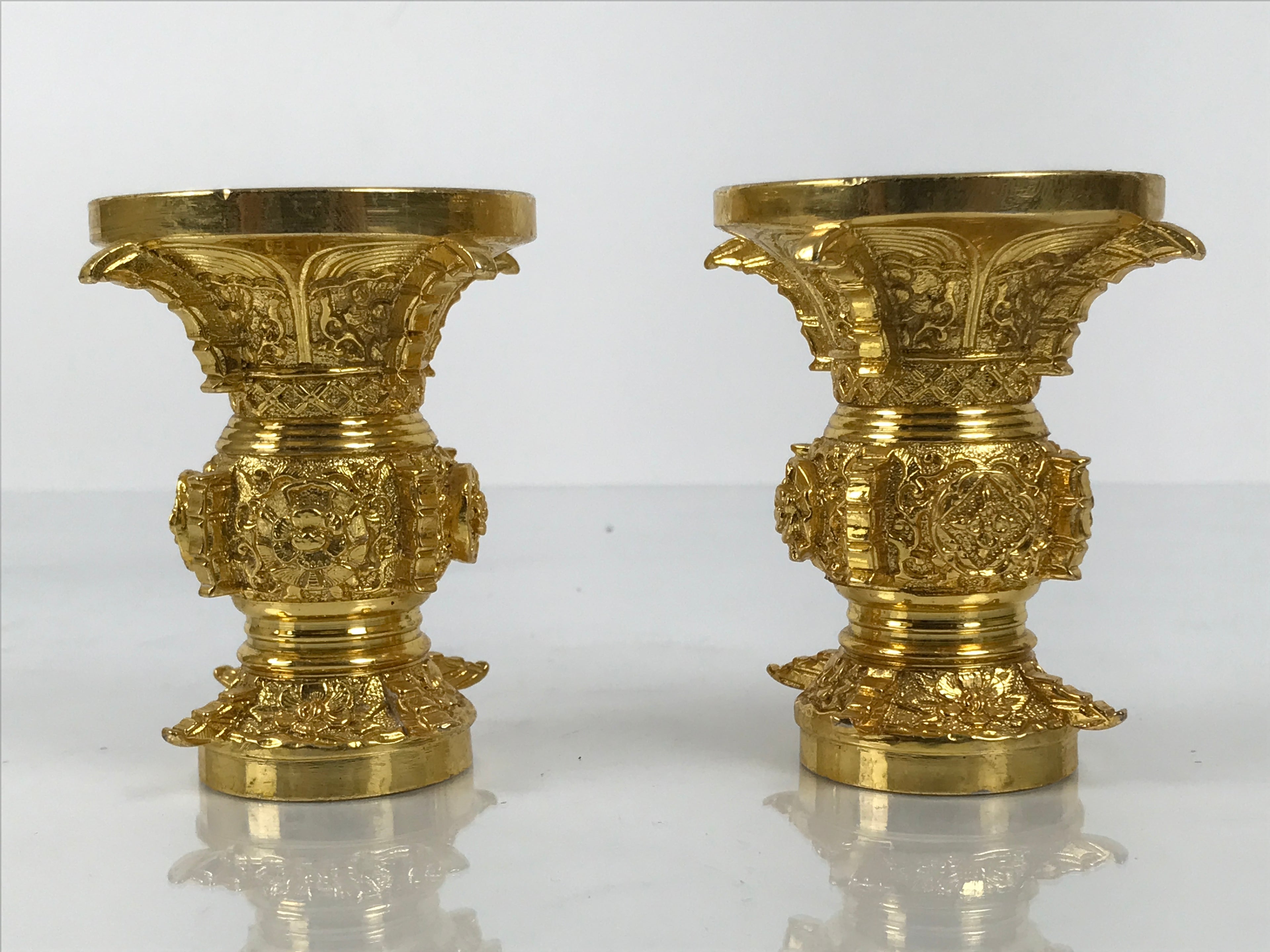 Japanese Buddhist Altar Fitting Metal Flower Vase Vtg 2pc Gold Hanatate BA779