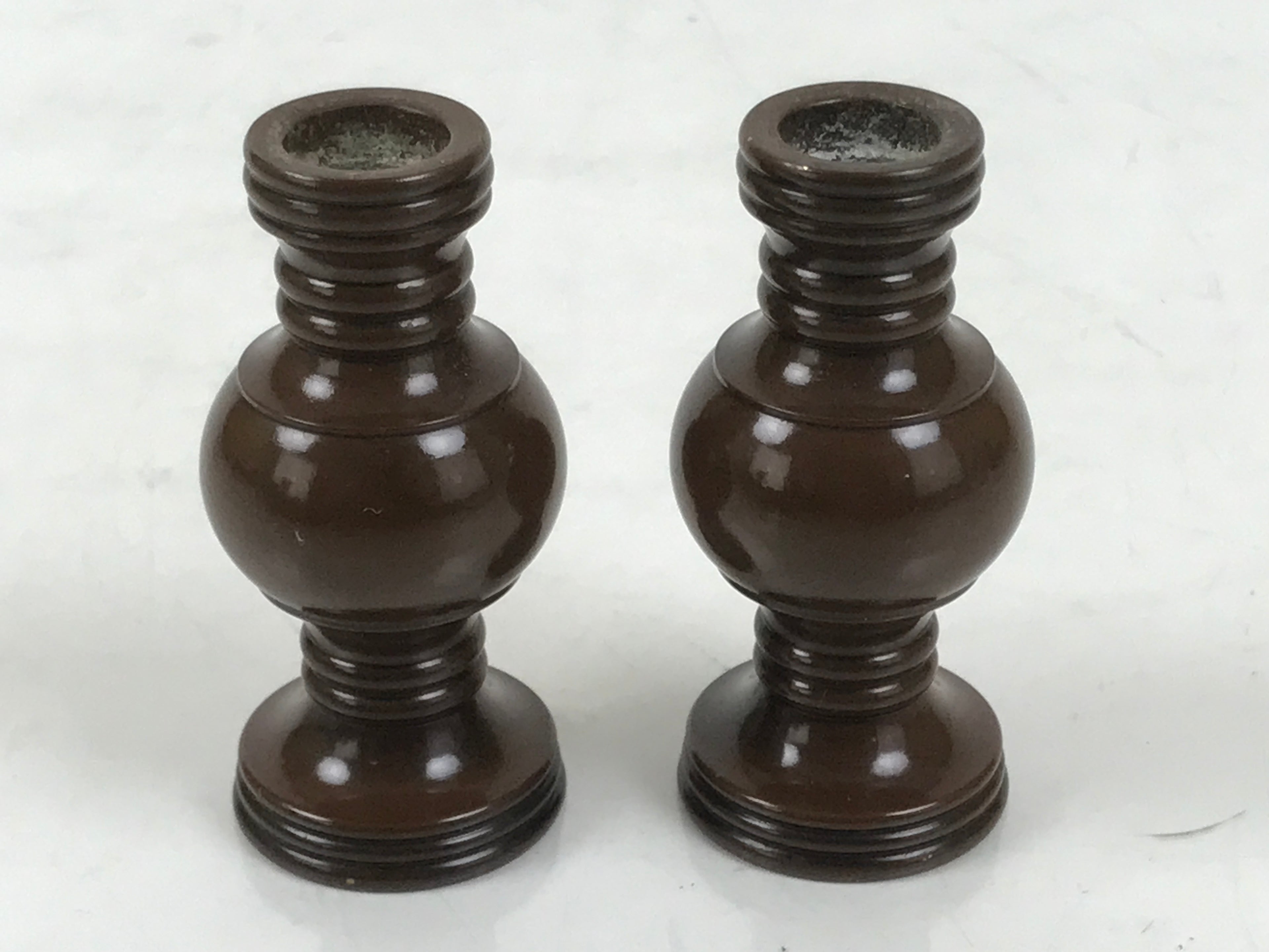 Japanese Buddhist Altar Fitting Metal Flower Vase Vtg Hanatate Brown 2pc BA674