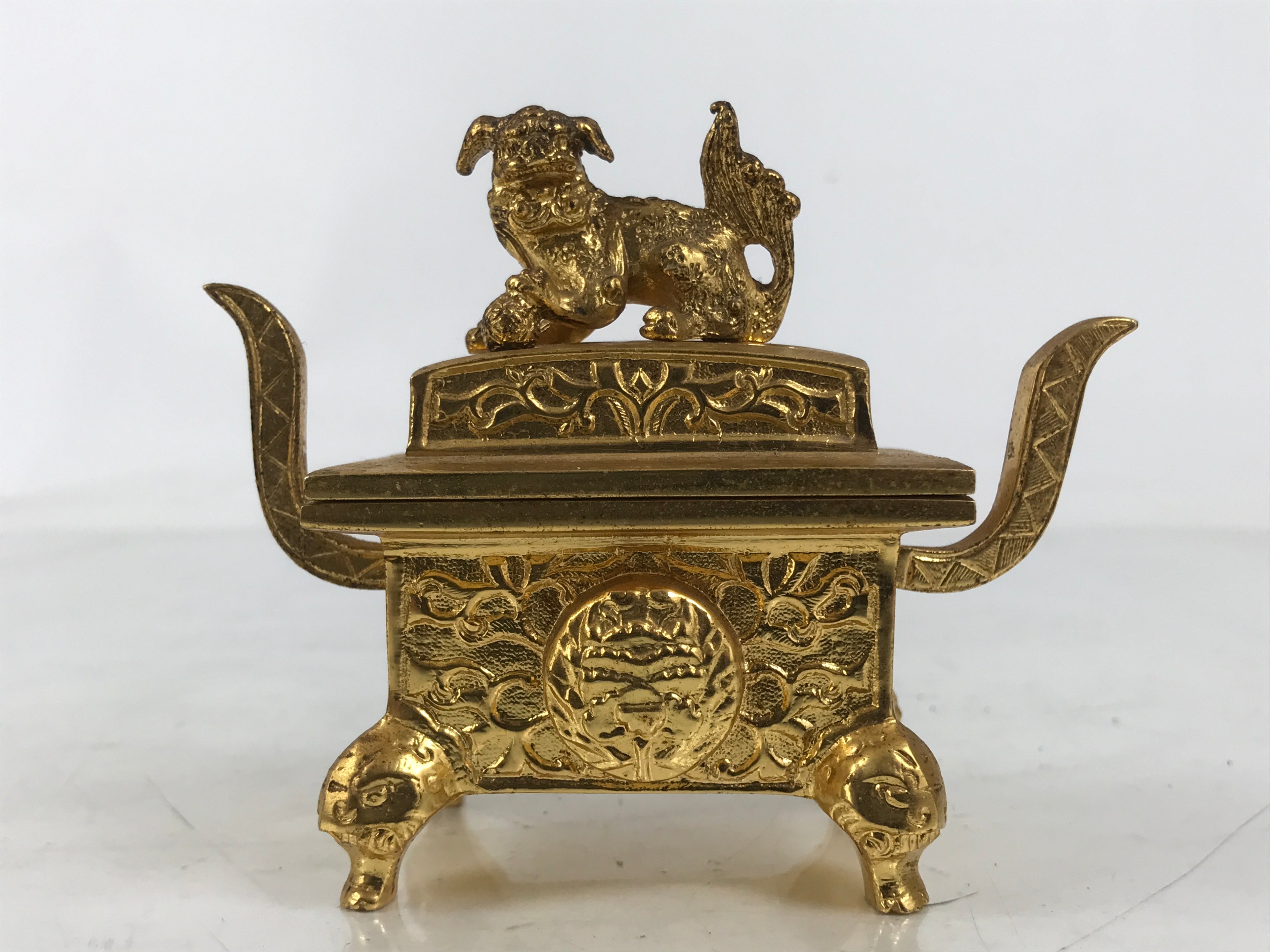 Japanese Buddhist Altar Fitting Metal Incense Burner Koro Vtg Gold Shishi BA654