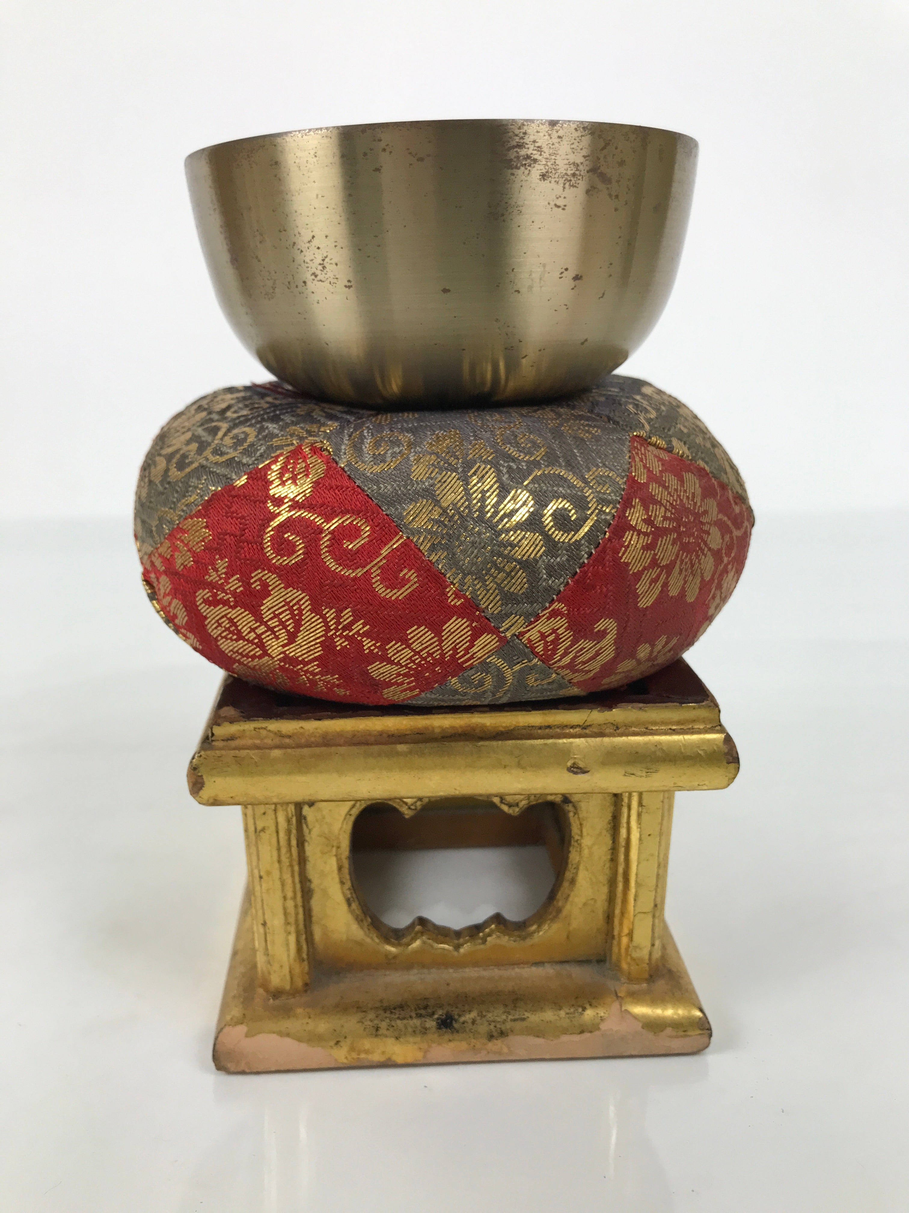 Japanese Buddhist Altar Fitting Metal Orin Bell Singing Bowl Wood Stand BA903