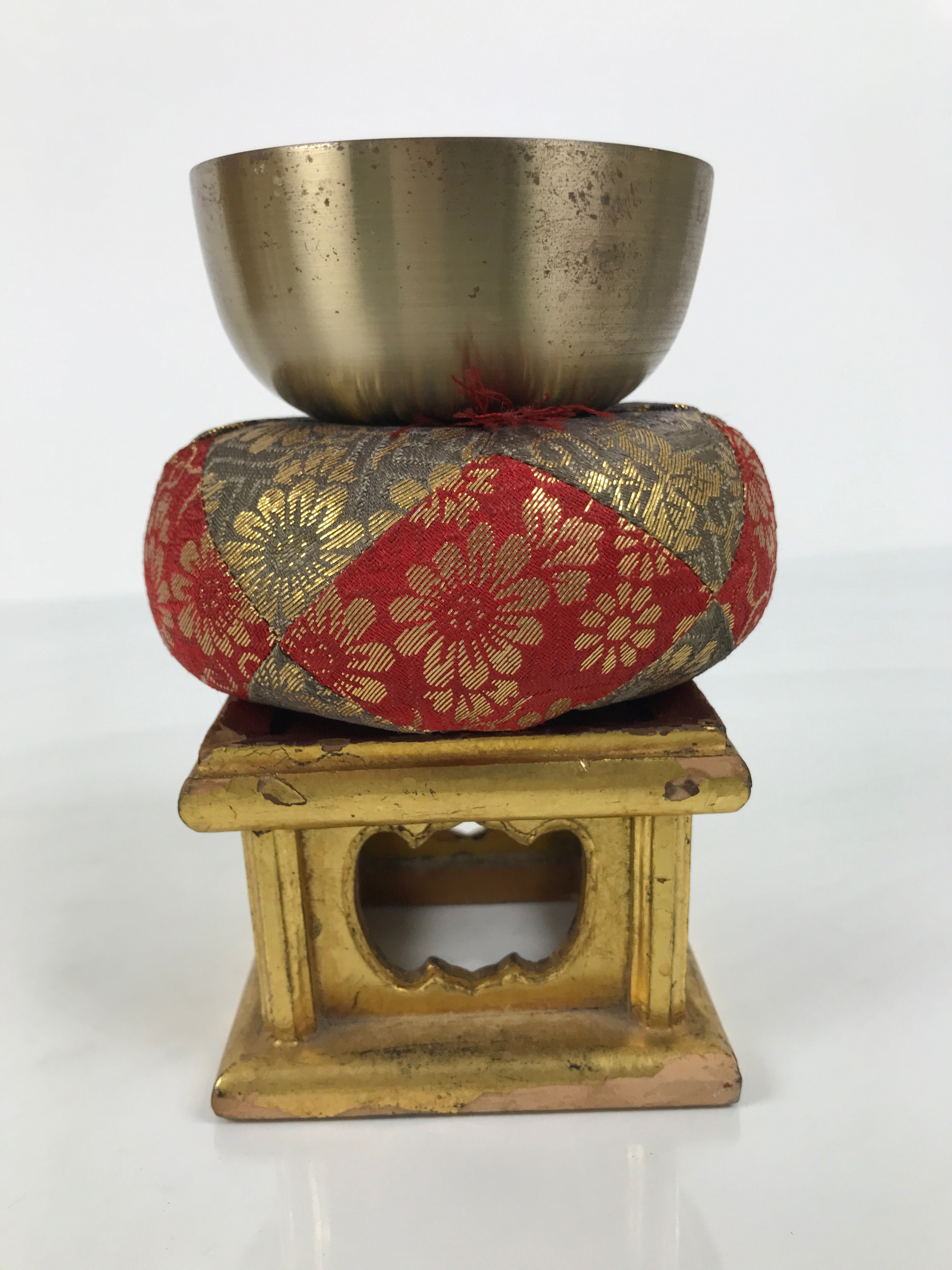 Japanese Buddhist Altar Fitting Metal Orin Bell Singing Bowl Wood Stand BA903