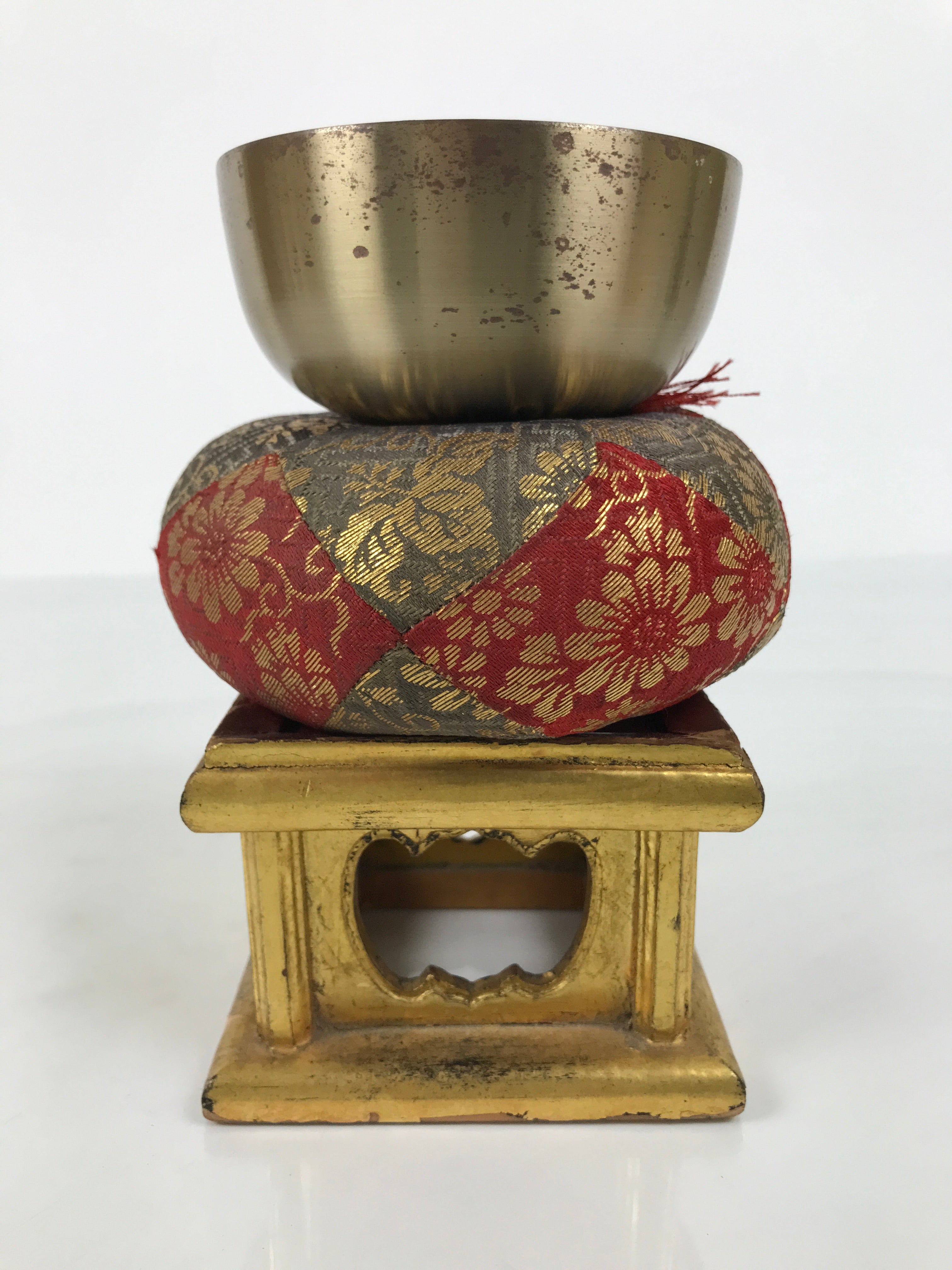 Japanese Buddhist Altar Fitting Metal Orin Bell Singing Bowl Wood Stand BA903