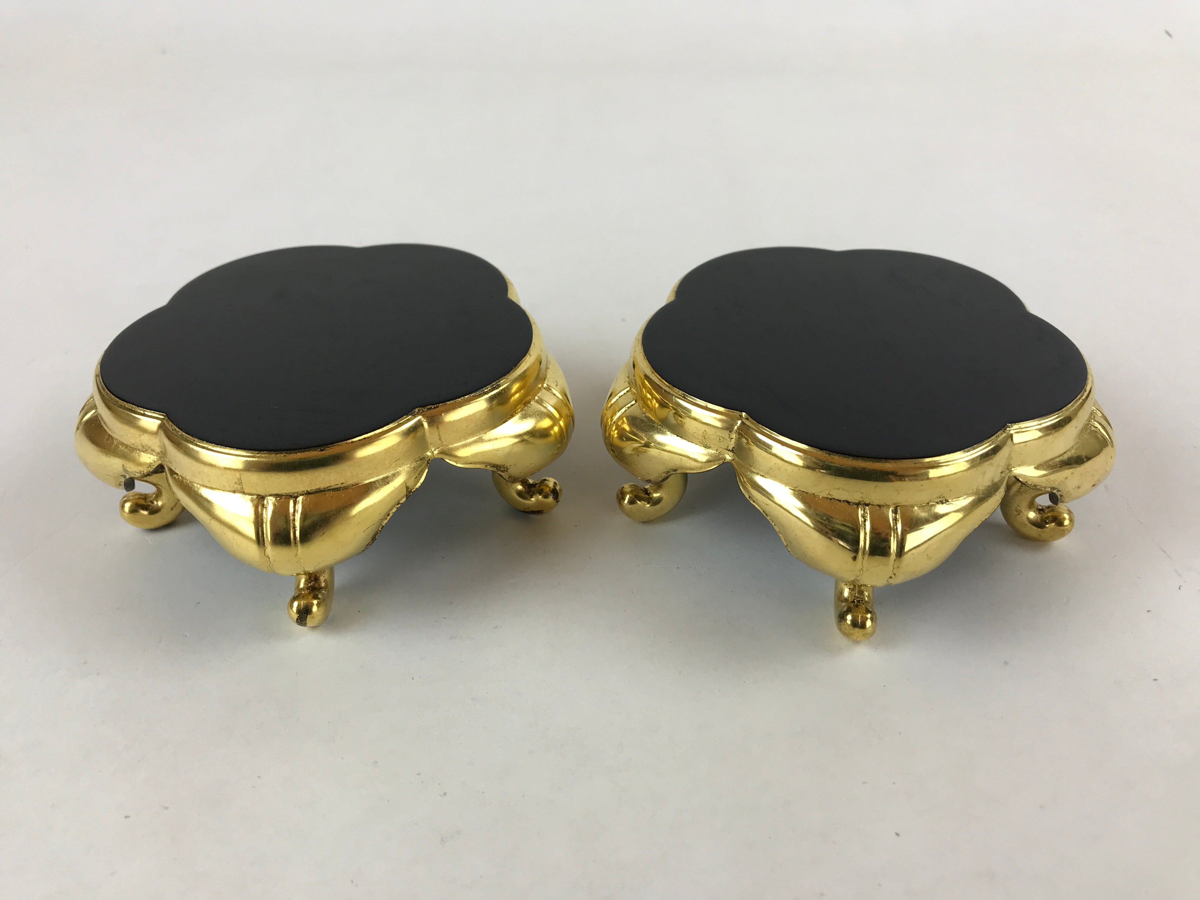 Japanese Buddhist Altar Fitting Offering Cup Stand Vtg 2pc Bukki Black BA157