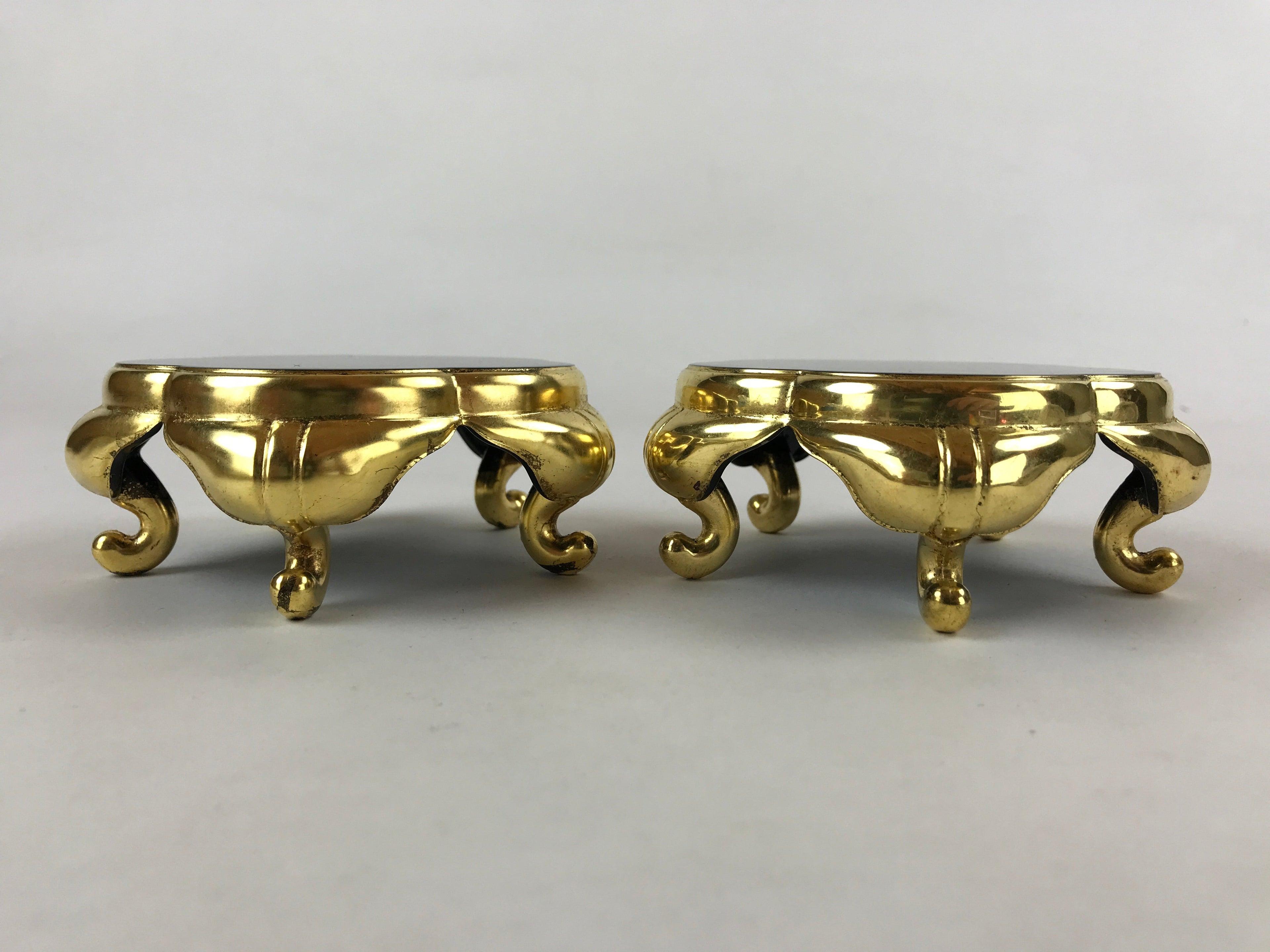 Japanese Buddhist Altar Fitting Offering Cup Stand Vtg 2pc Bukki Black BA157