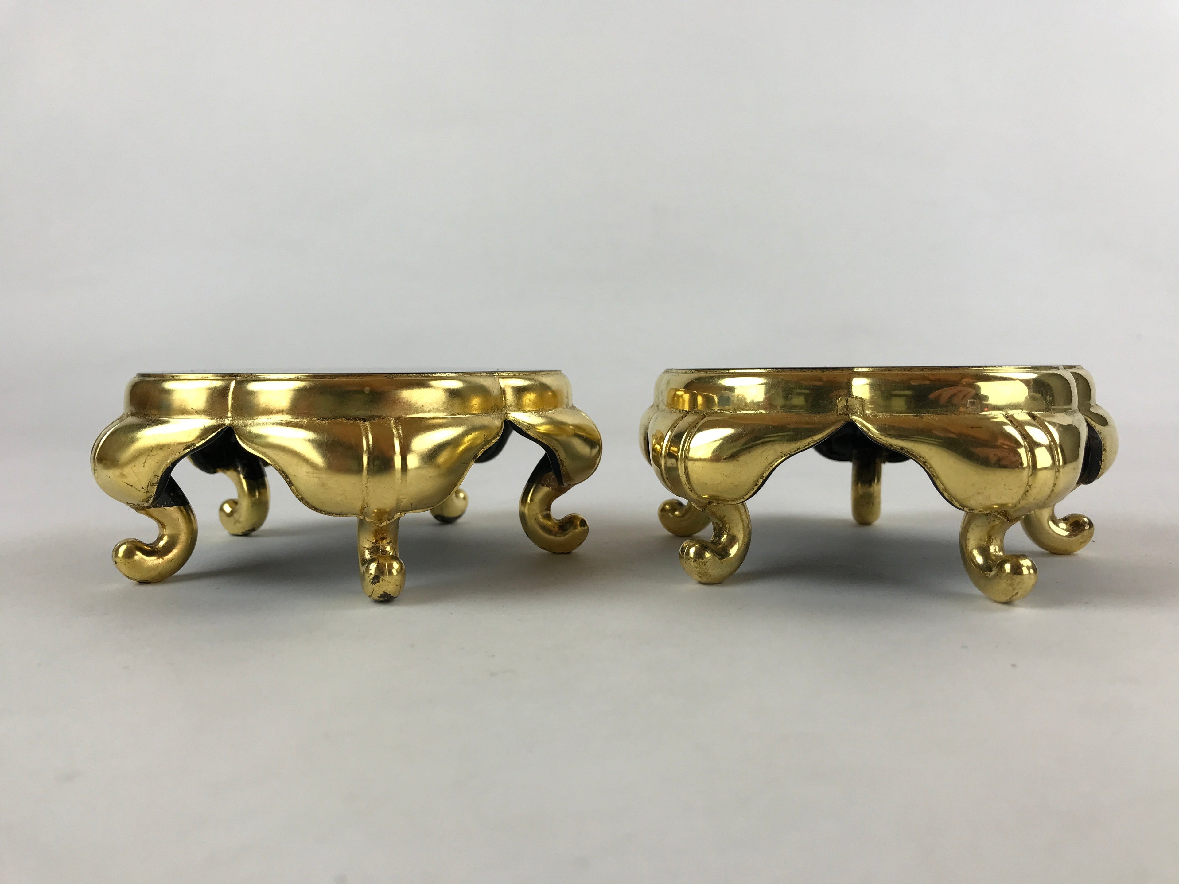 Japanese Buddhist Altar Fitting Offering Cup Stand Vtg 2pc Bukki Black BA157