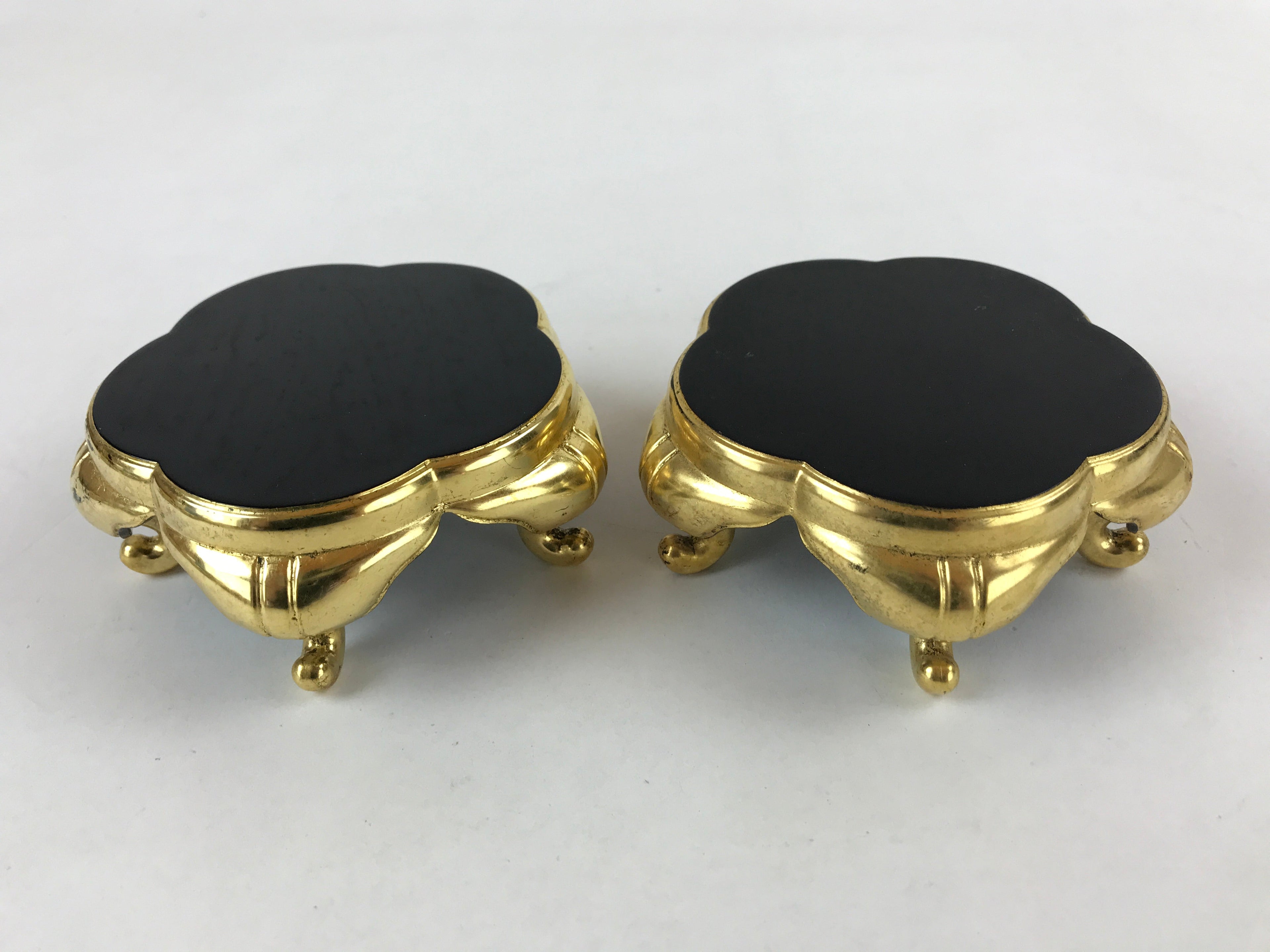 Japanese Buddhist Altar Fitting Offering Cup Stand Vtg 2pc Bukki Black BA158