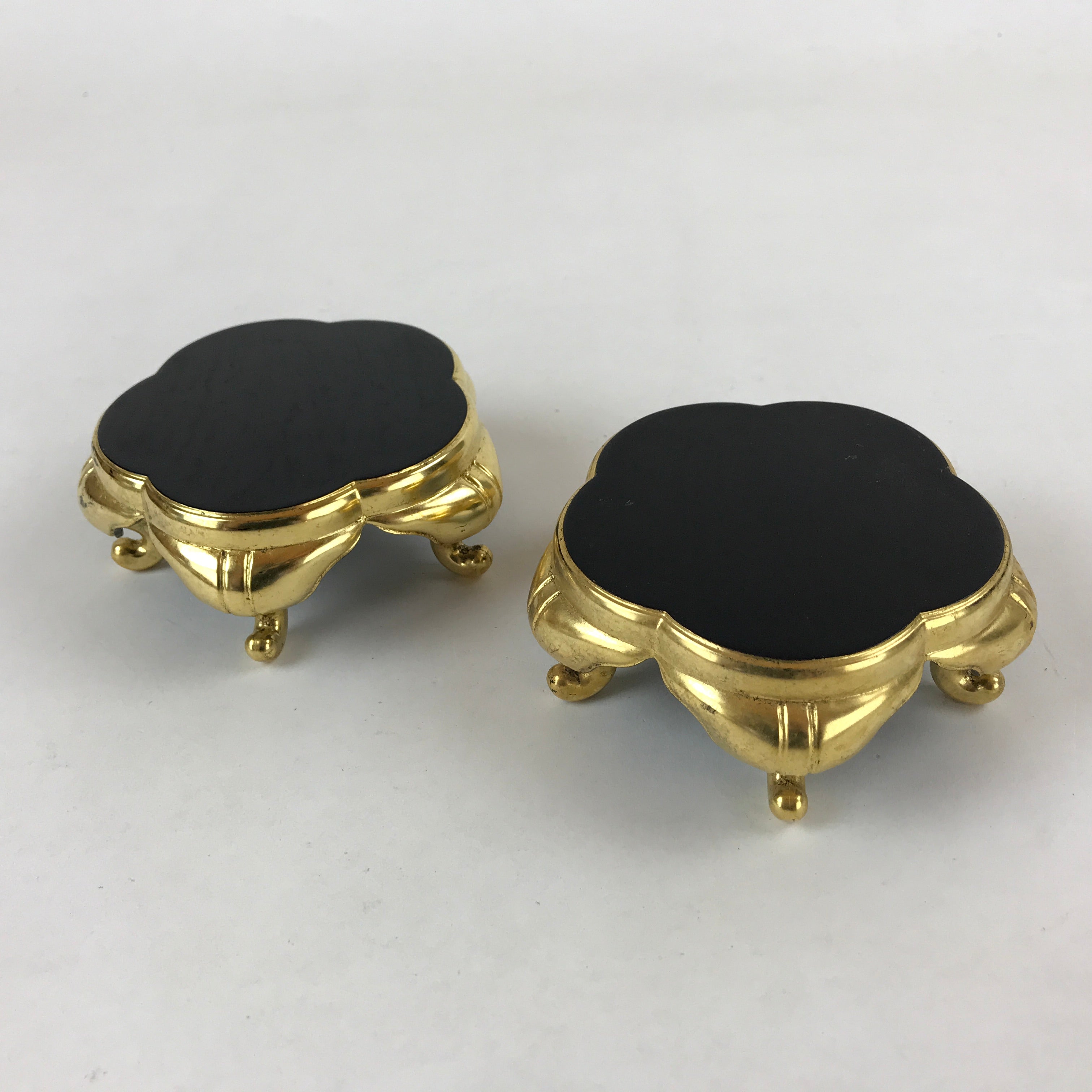 Japanese Buddhist Altar Fitting Offering Cup Stand Vtg 2pc Bukki Black BA158