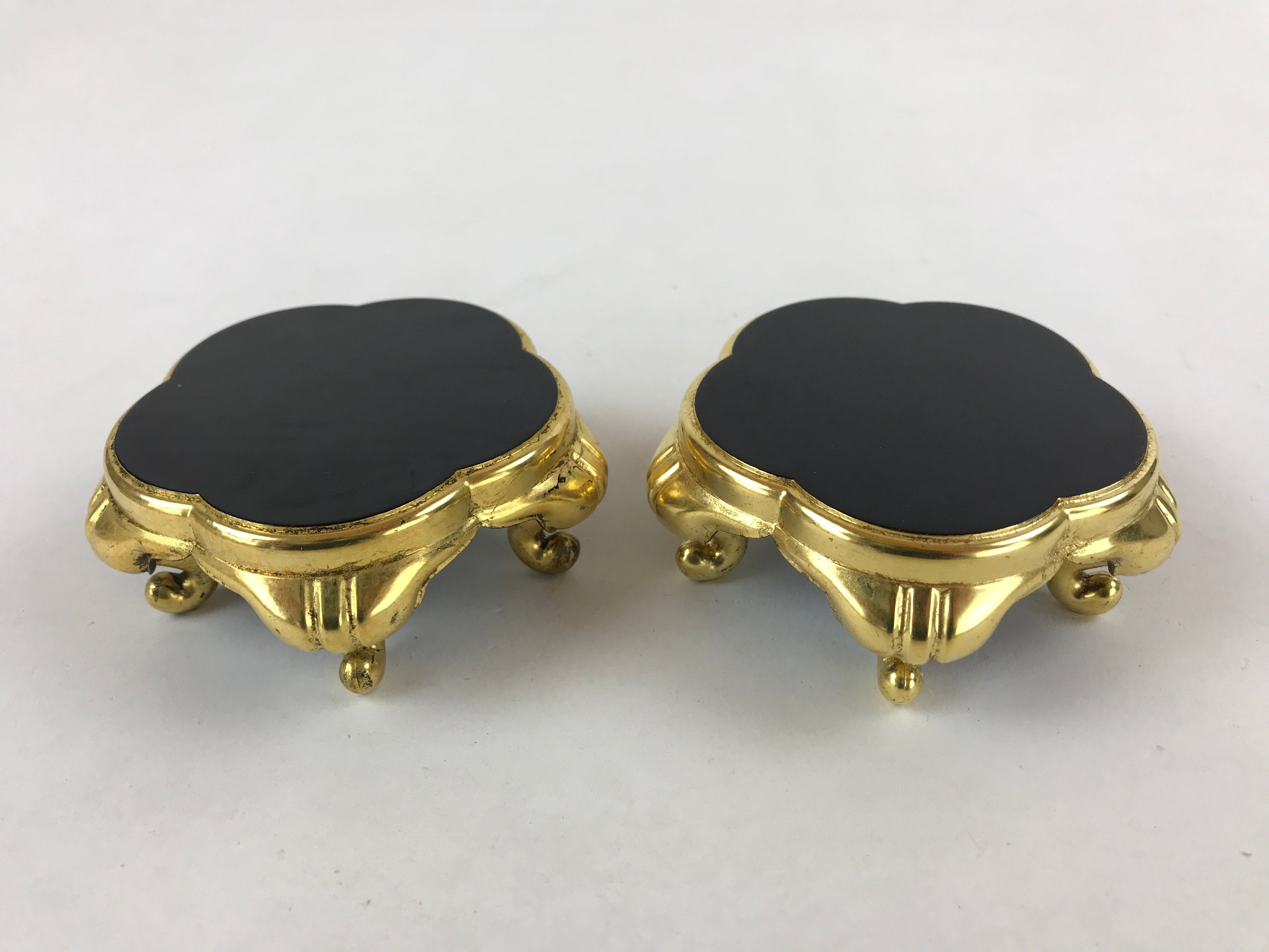 Japanese Buddhist Altar Fitting Offering Cup Stand Vtg 2pc Bukki Black BA159