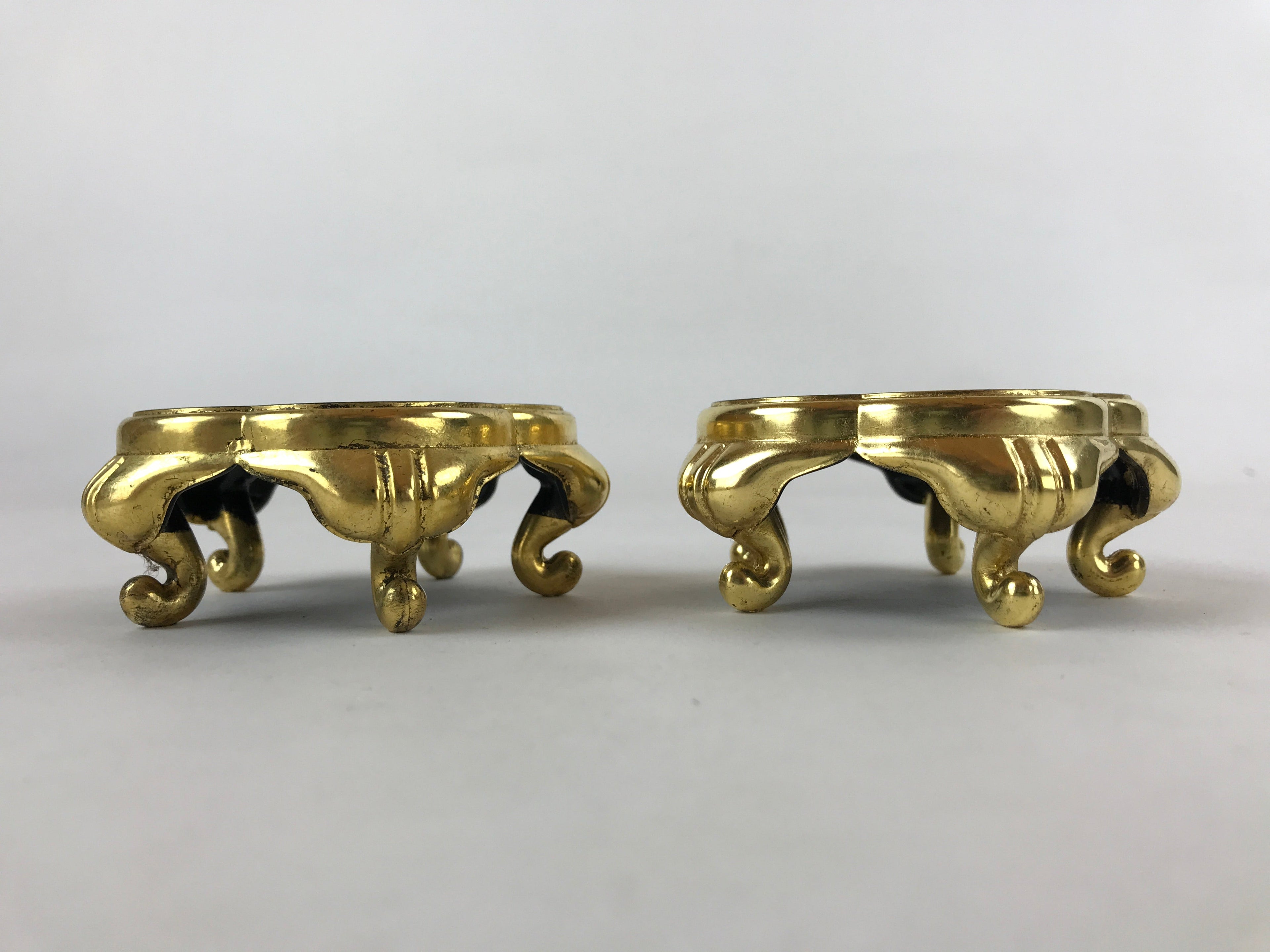Japanese Buddhist Altar Fitting Offering Cup Stand Vtg 2pc Bukki Black BA159