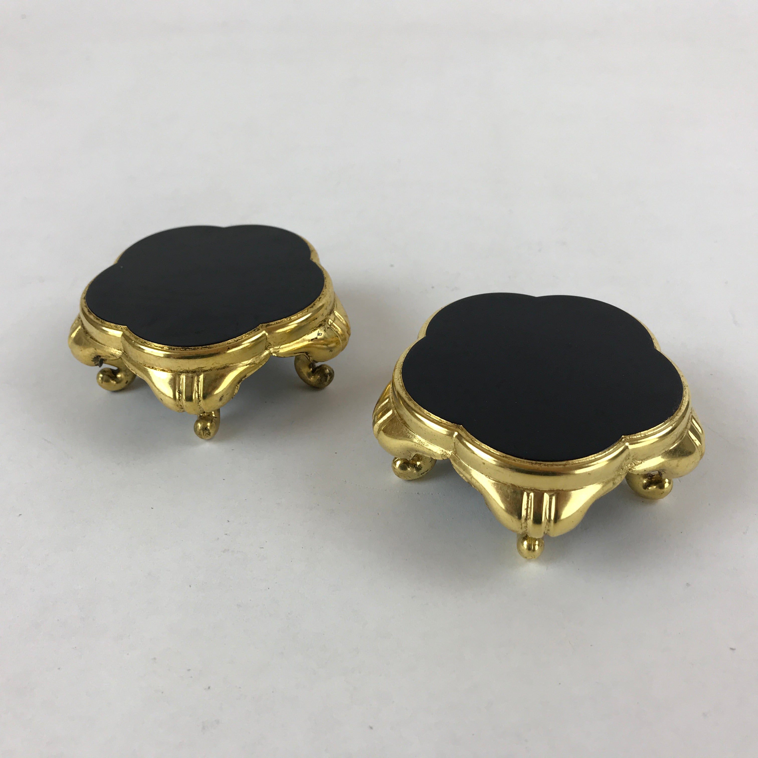 Japanese Buddhist Altar Fitting Offering Cup Stand Vtg 2pc Bukki Black BA159