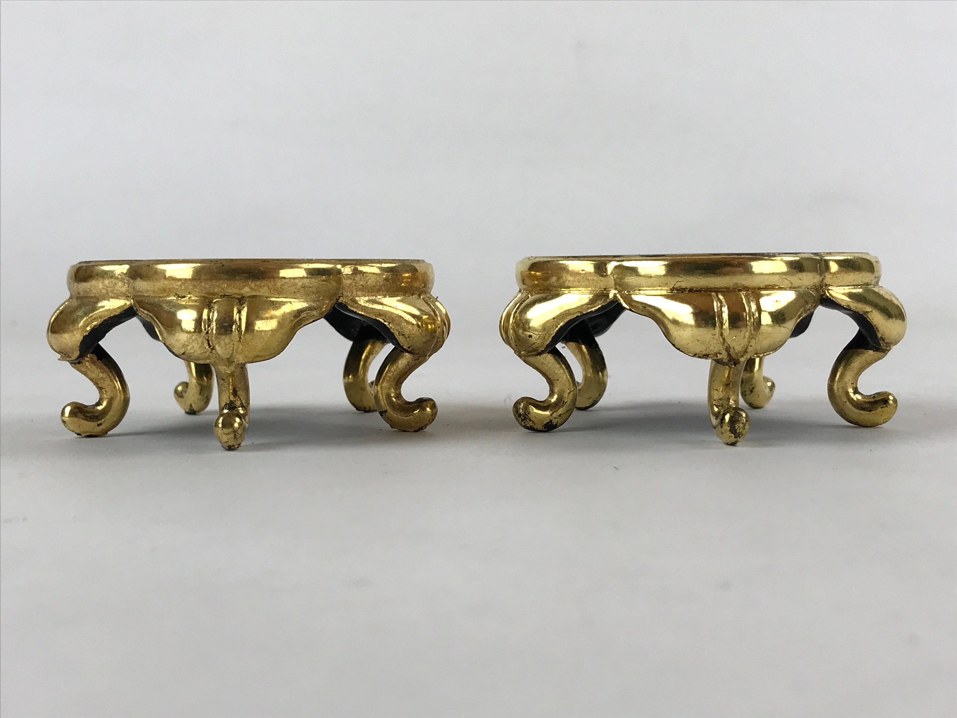 Japanese Buddhist Altar Fitting Offering Cup Stand Vtg 2pc Bukki Black BA160