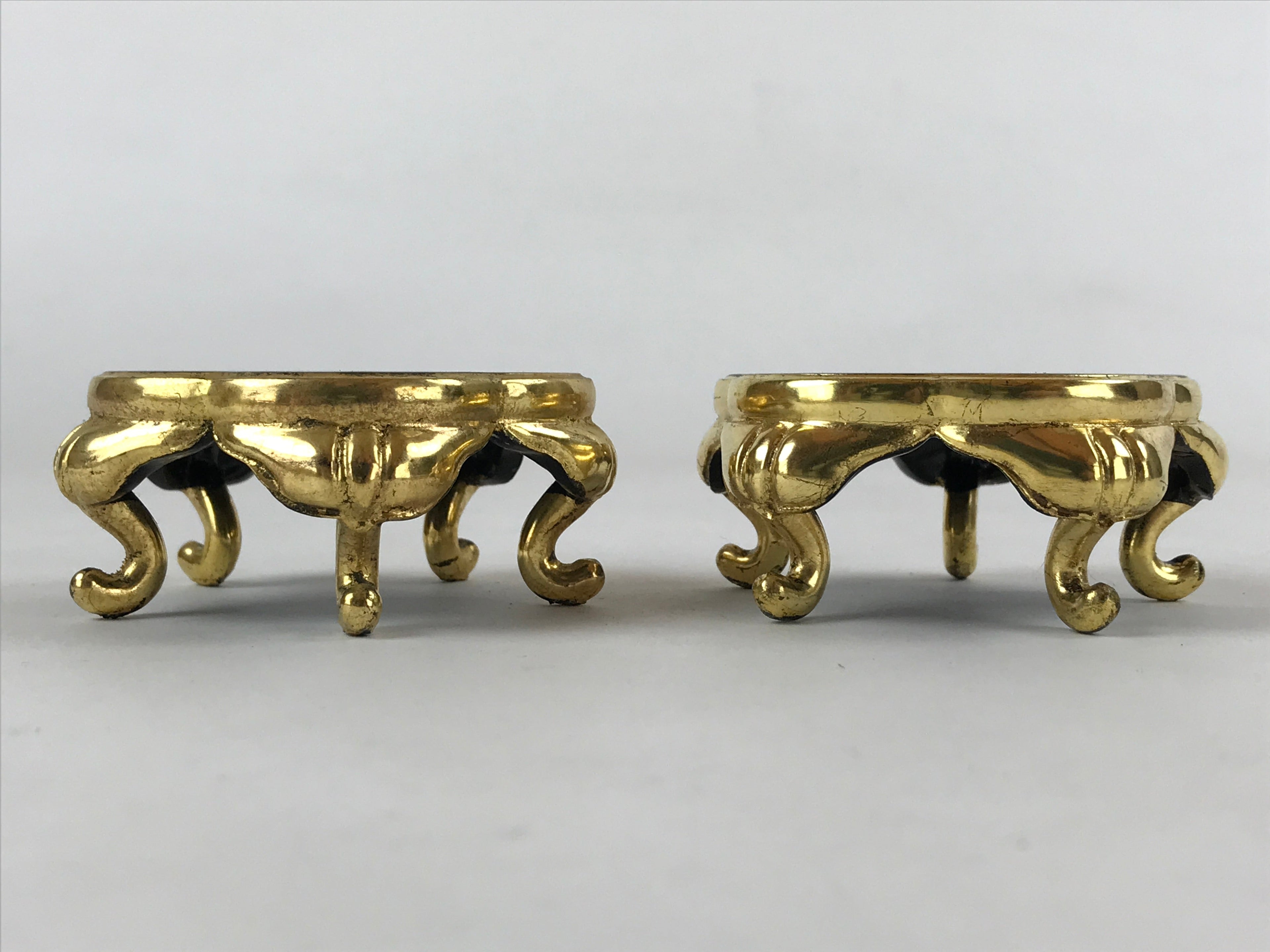 Japanese Buddhist Altar Fitting Offering Cup Stand Vtg 2pc Bukki Black BA160
