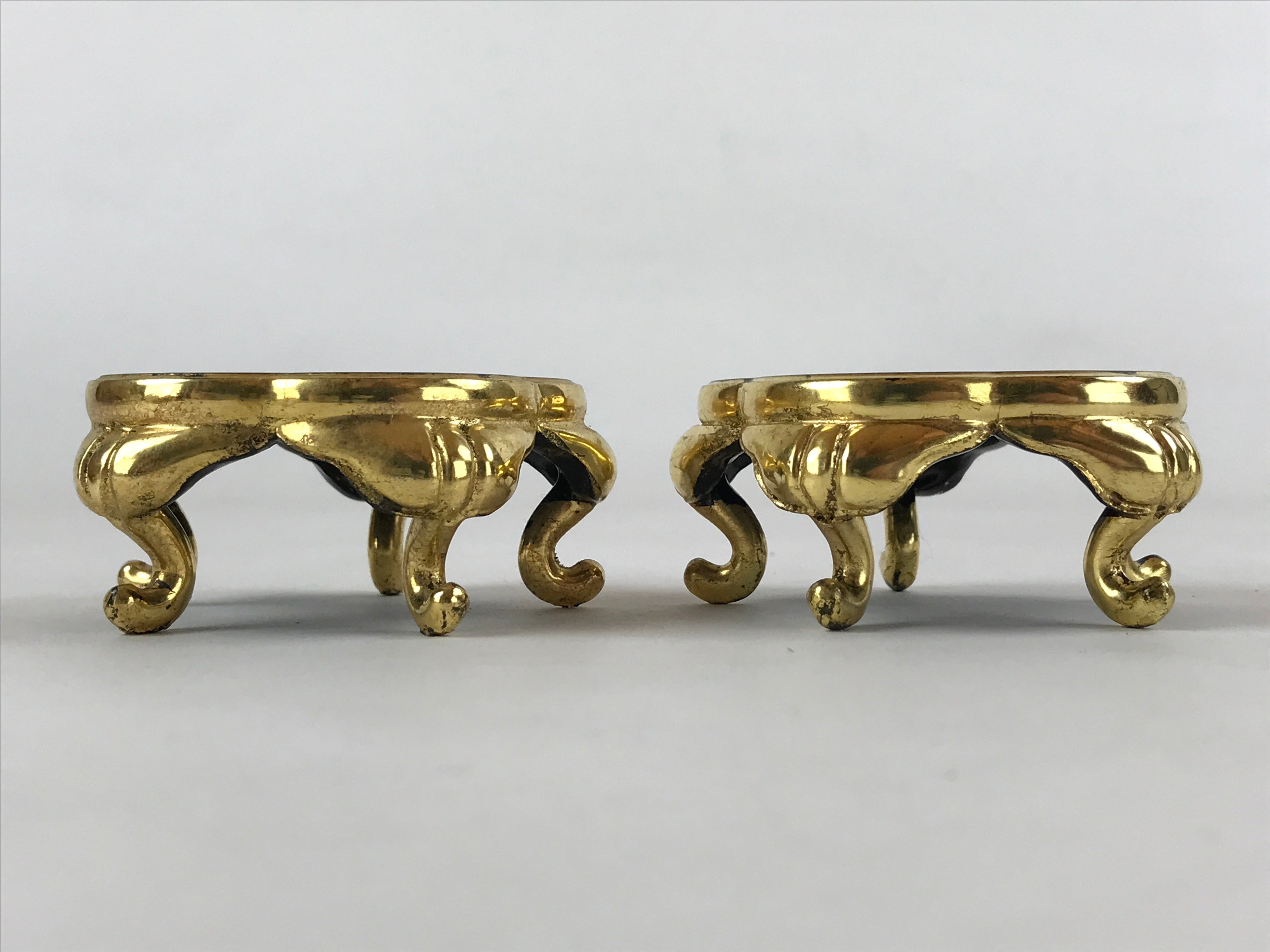 Japanese Buddhist Altar Fitting Offering Cup Stand Vtg 2pc Bukki Black BA160