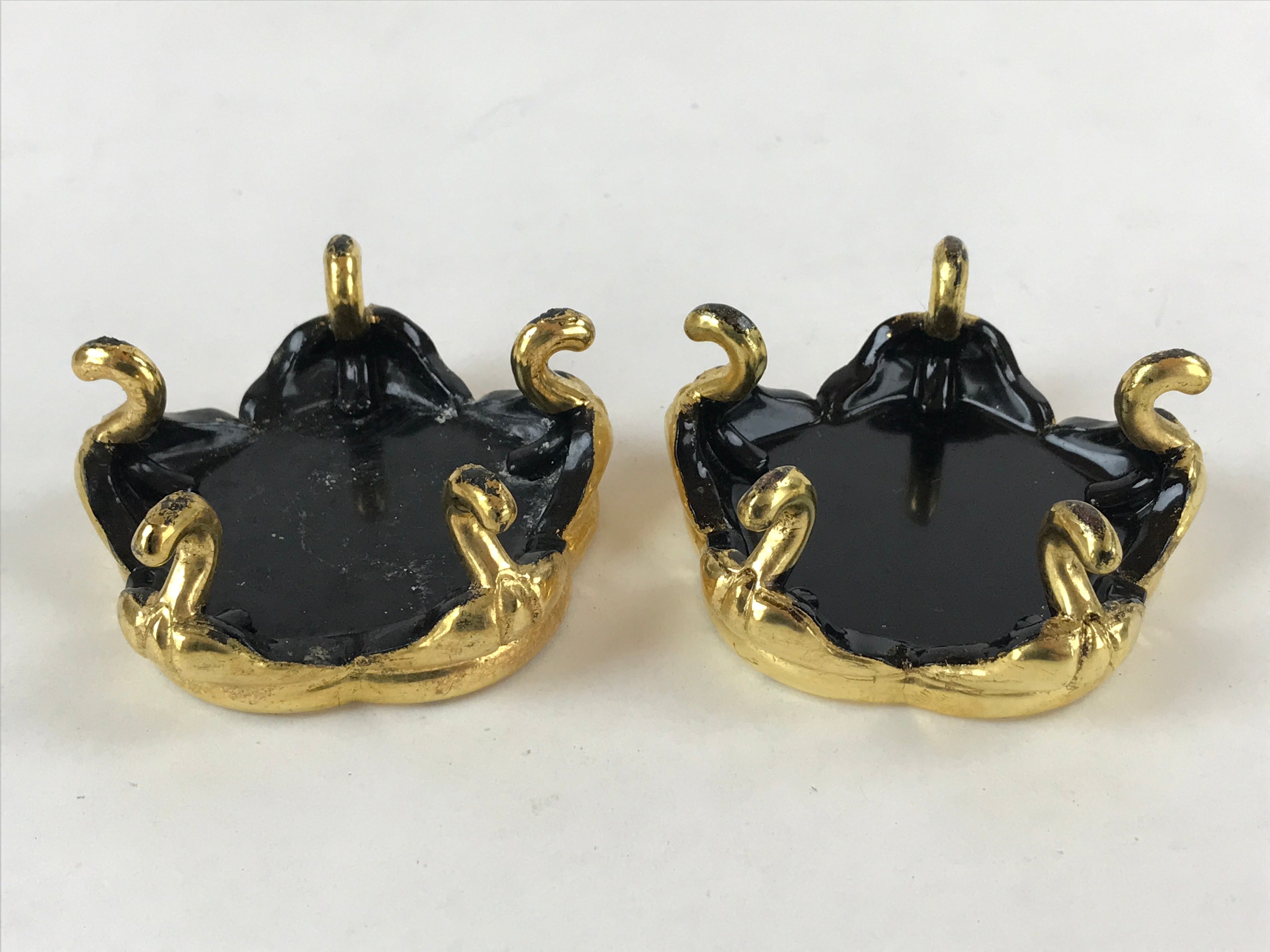 Japanese Buddhist Altar Fitting Offering Cup Stand Vtg 2pc Bukki Black BA160