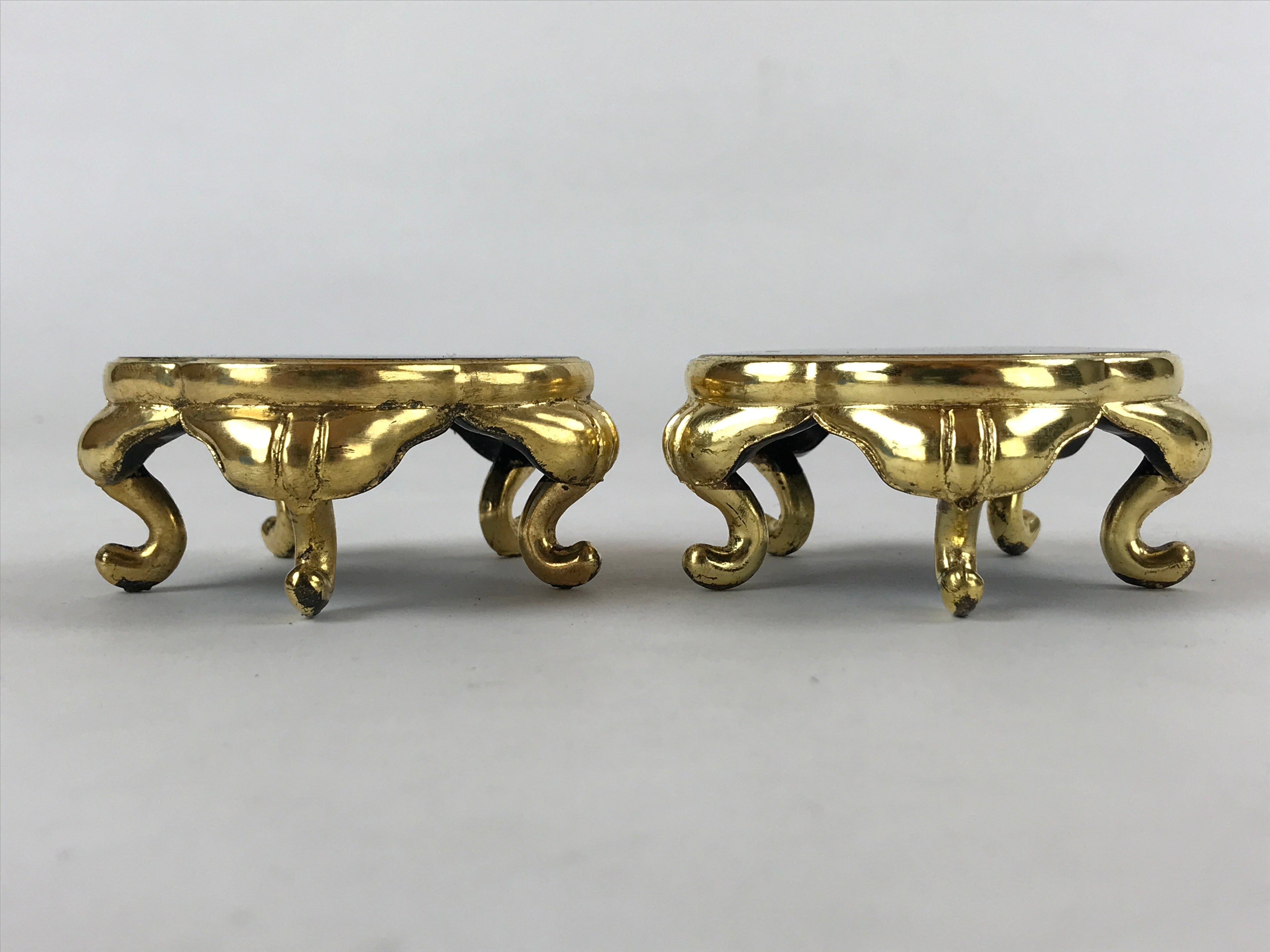 Japanese Buddhist Altar Fitting Offering Cup Stand Vtg 2pc Bukki Black BA161