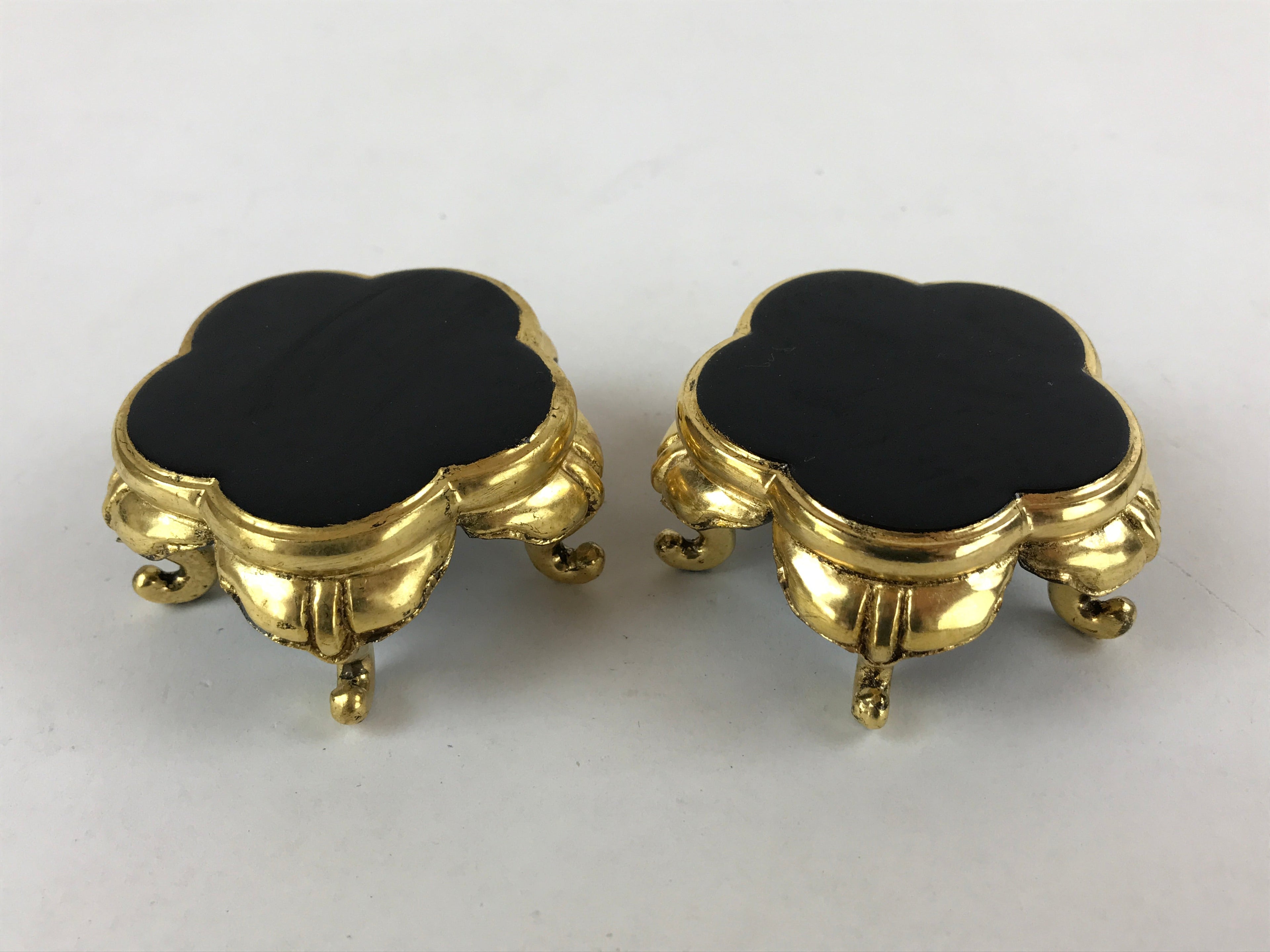 Japanese Buddhist Altar Fitting Offering Cup Stand Vtg 2pc Bukki Black BA162