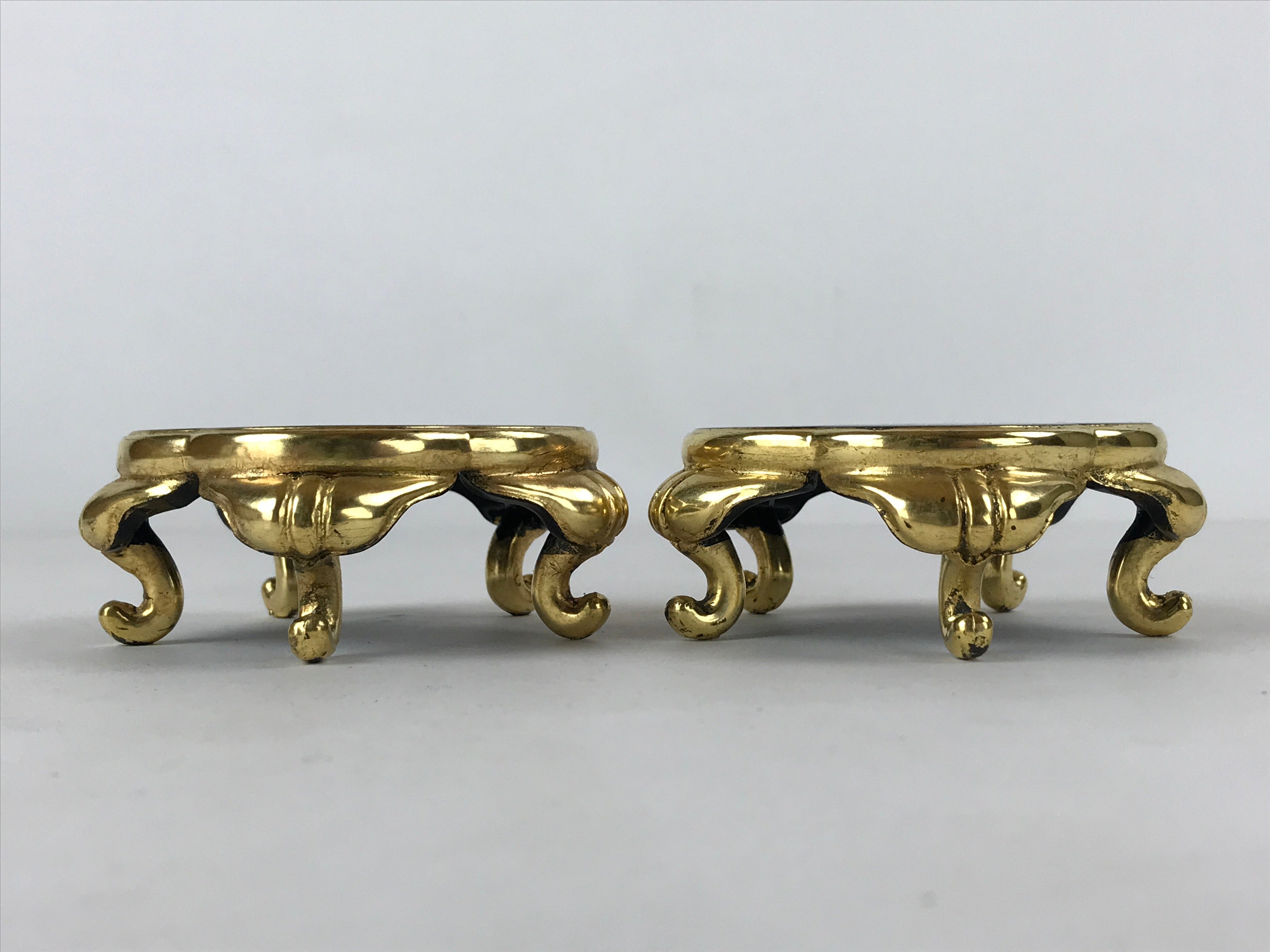 Japanese Buddhist Altar Fitting Offering Cup Stand Vtg 2pc Bukki Black BA194