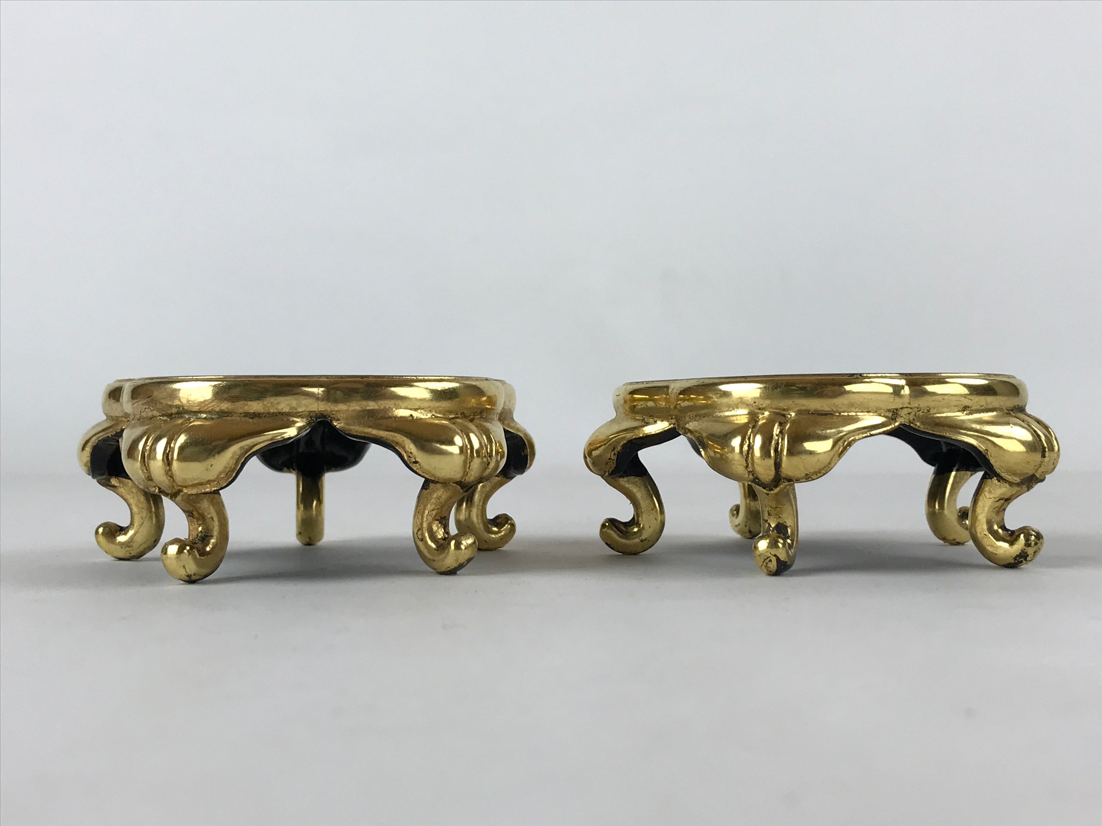 Japanese Buddhist Altar Fitting Offering Cup Stand Vtg 2pc Bukki Black BA194