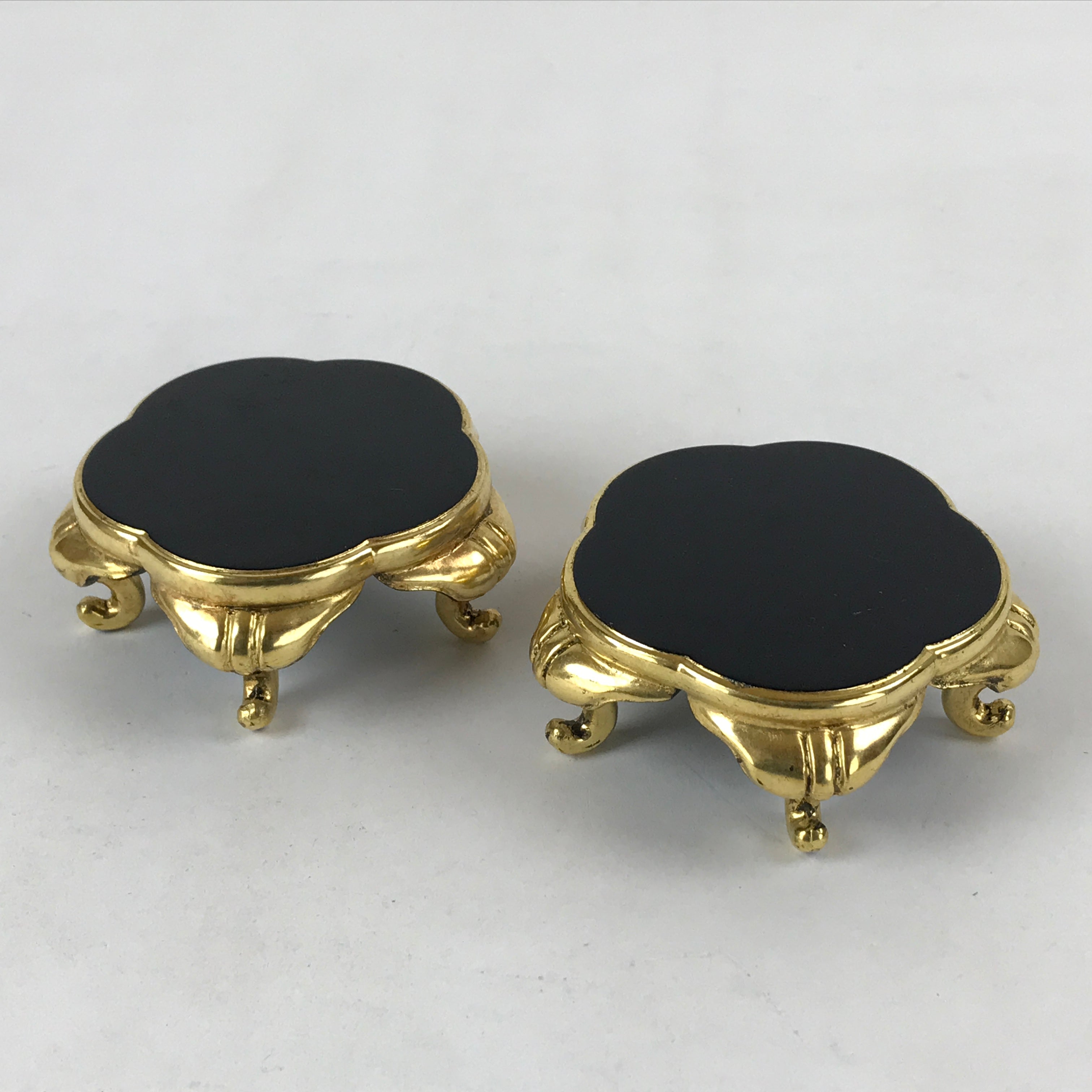 Japanese Buddhist Altar Fitting Offering Cup Stand Vtg 2pc Bukki Black BA194