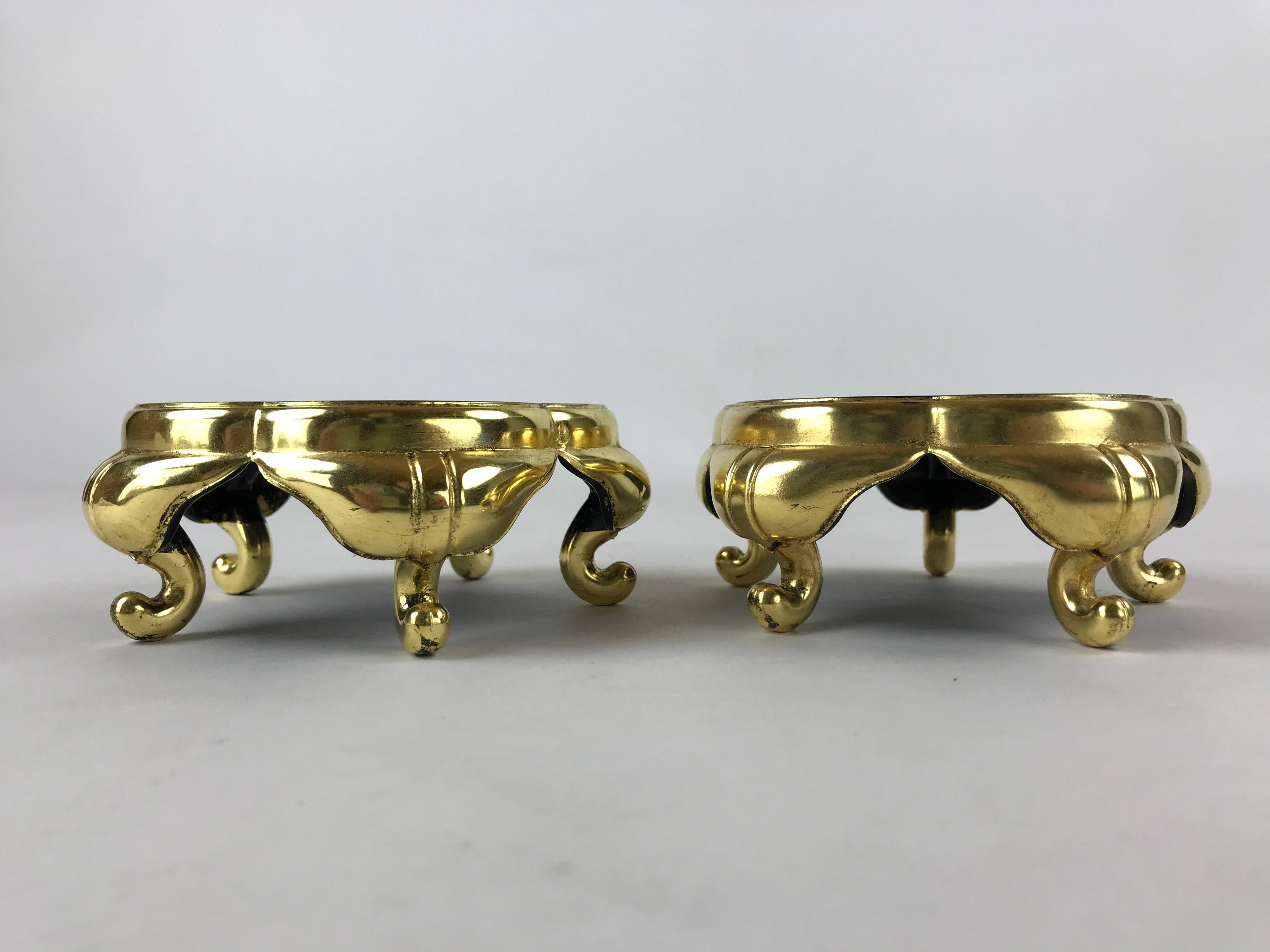 Japanese Buddhist Altar Fitting Offering Cup Stand Vtg 2pc Bukki Black BA195